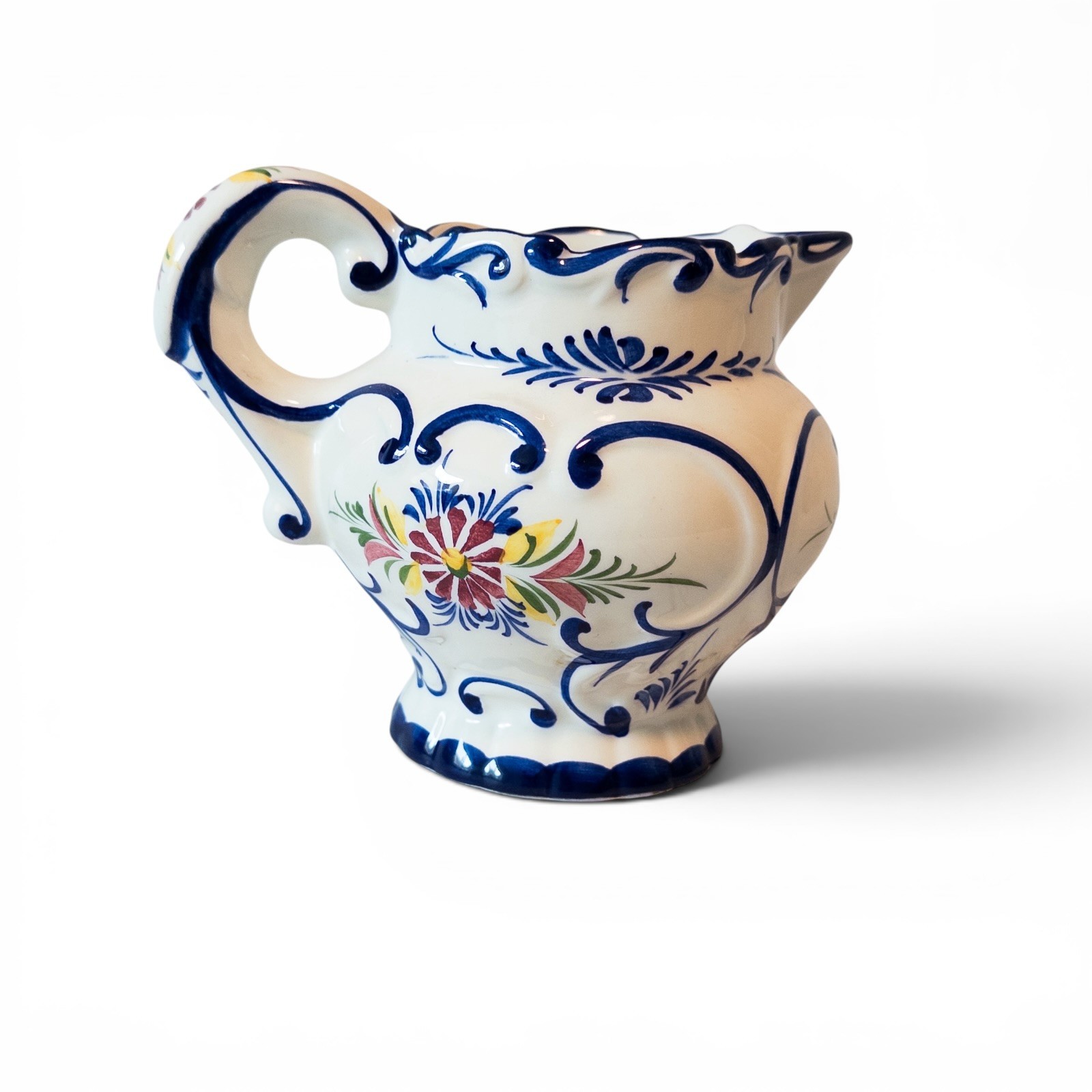 Vintage RCCL Portugal Hand Painted Ceramic Pitcher Jug Floral Blue White Signed
