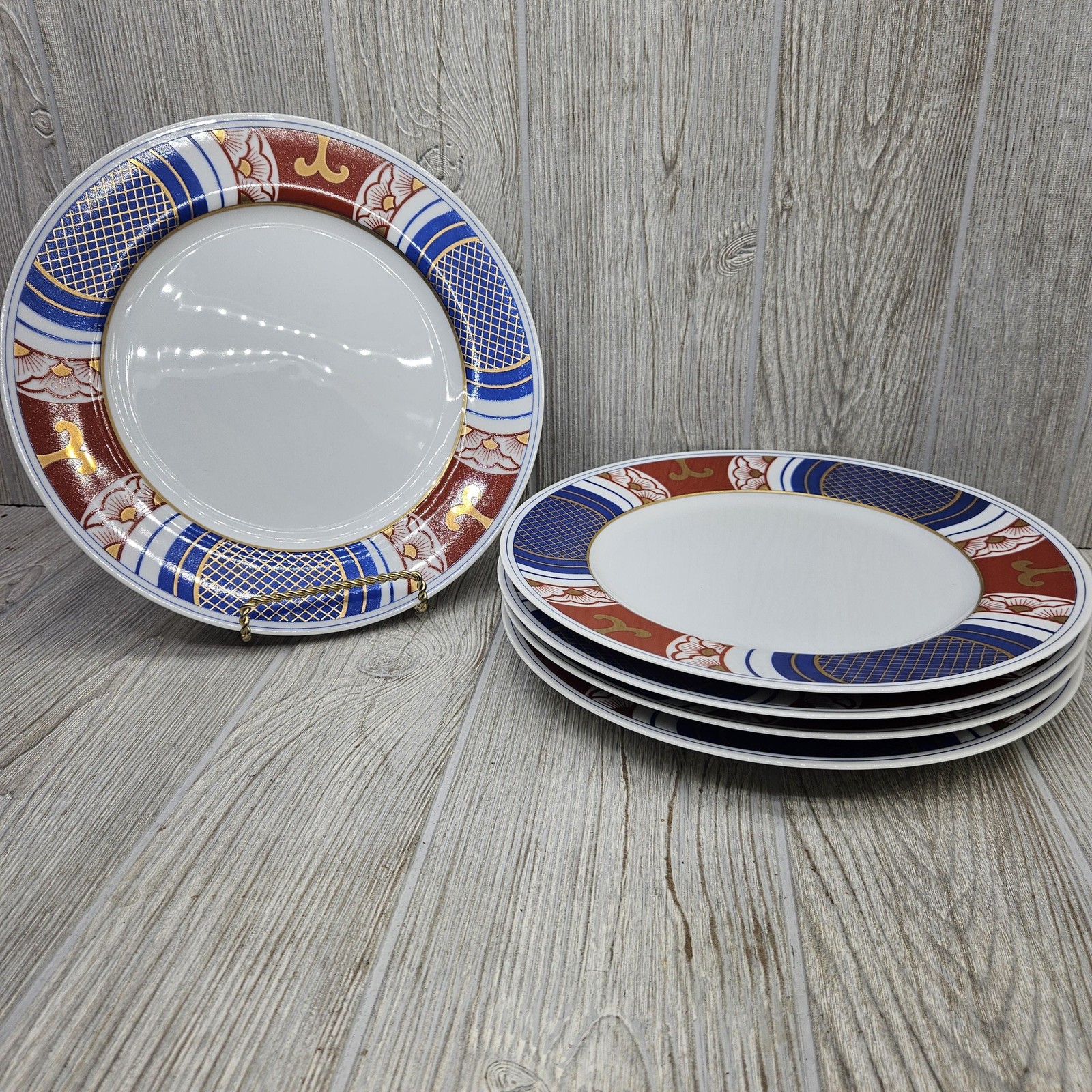 Fitz and Floyd Nishiki Set of 5 Dinner Plates Blue Rust Gold Japan