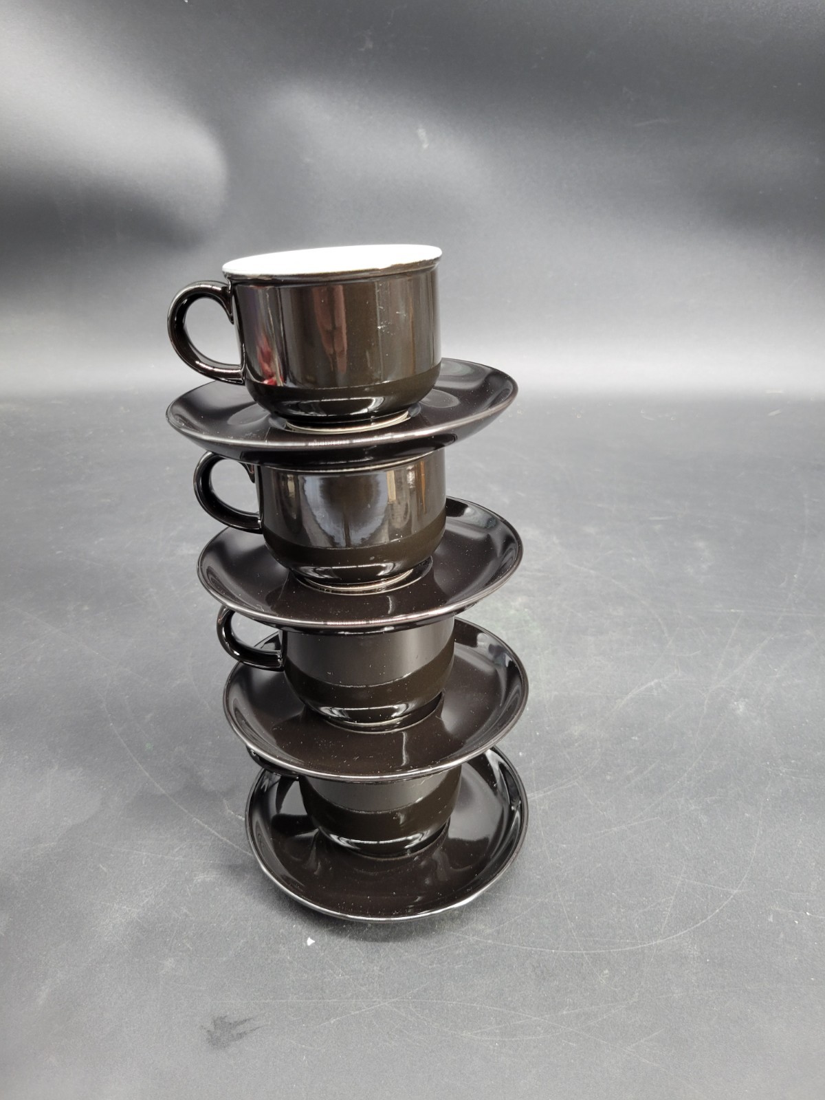 4 Black Glazed 2 1/8″ Teacup/Coffee Cup w/ Four 5″ Saucer Sets 8-Pieces Total