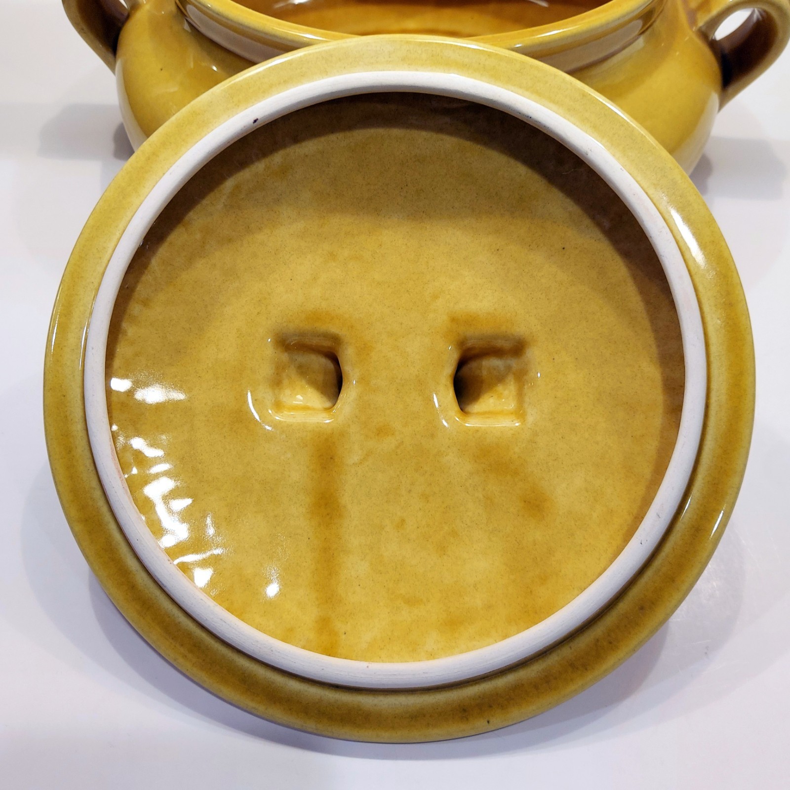 1971 Los Angeles Potteries Ovenware #407 Harvest Gold w/Mushrooms/Carrots Tureen