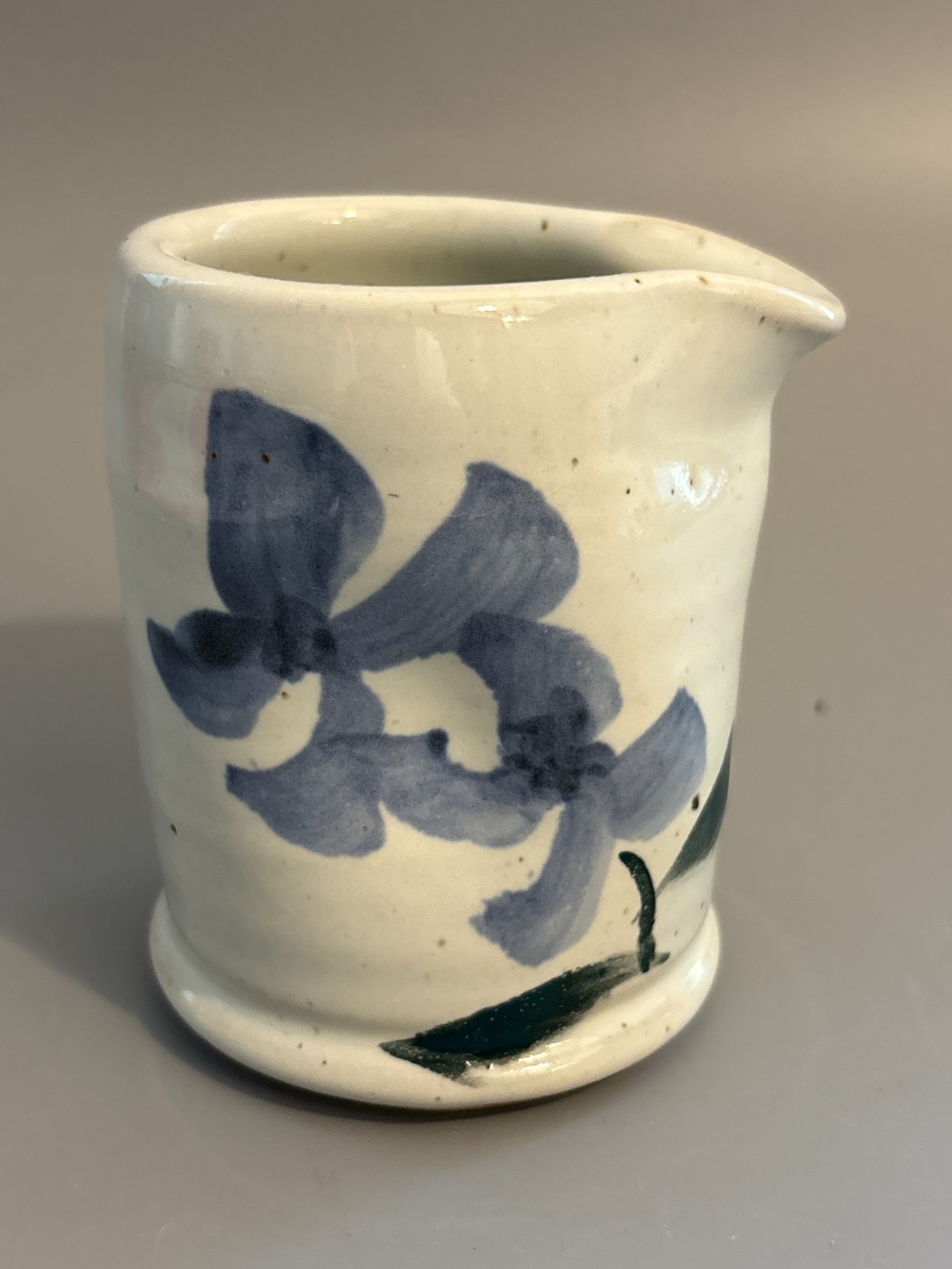 Vintage Signed Studio Pottery Creamer Blue Floral Hand Thrown Stoneware Pitcher