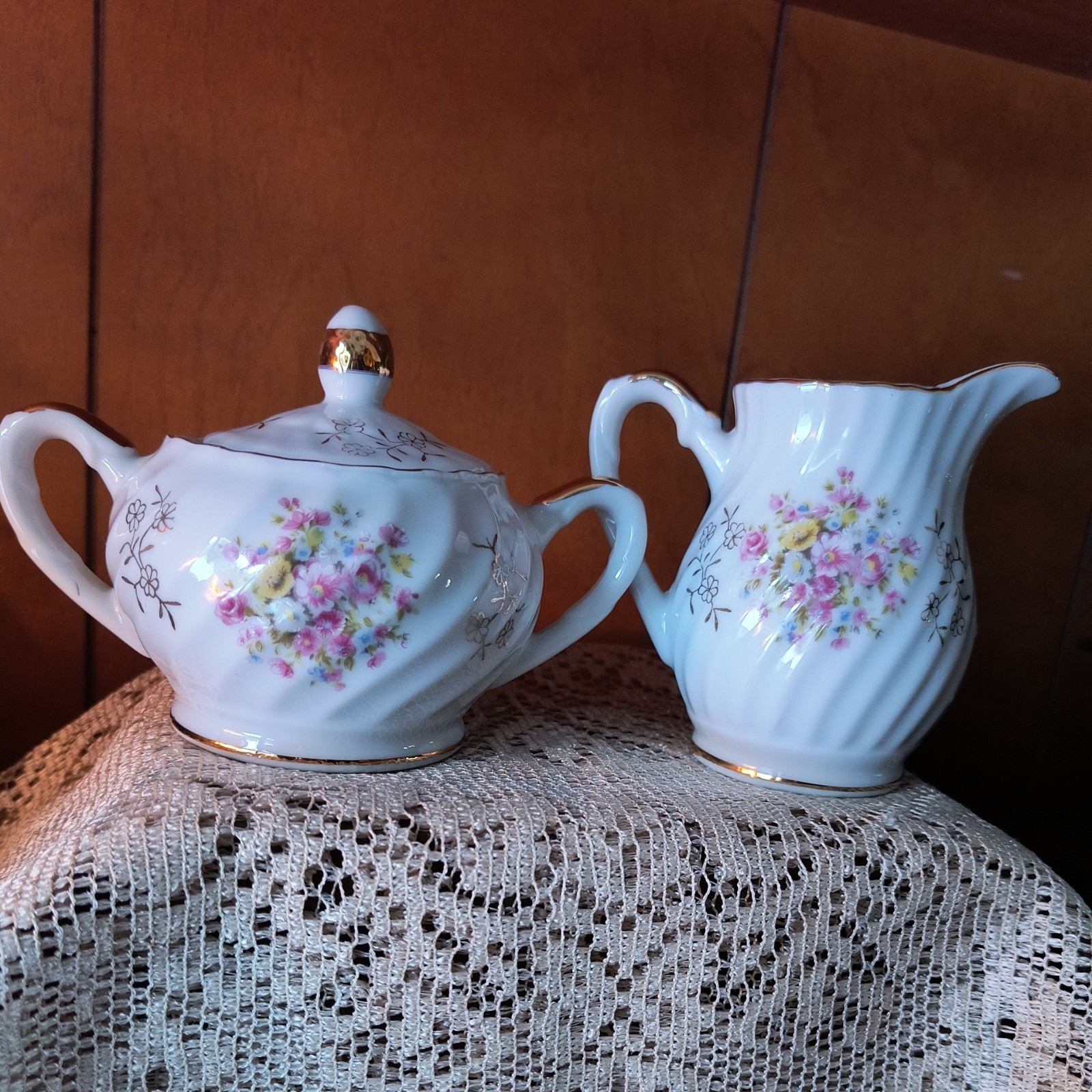 Vintage Pink Floral Porcelain Lidded Sugar Bowl and Creamer Swirled Cottagecore