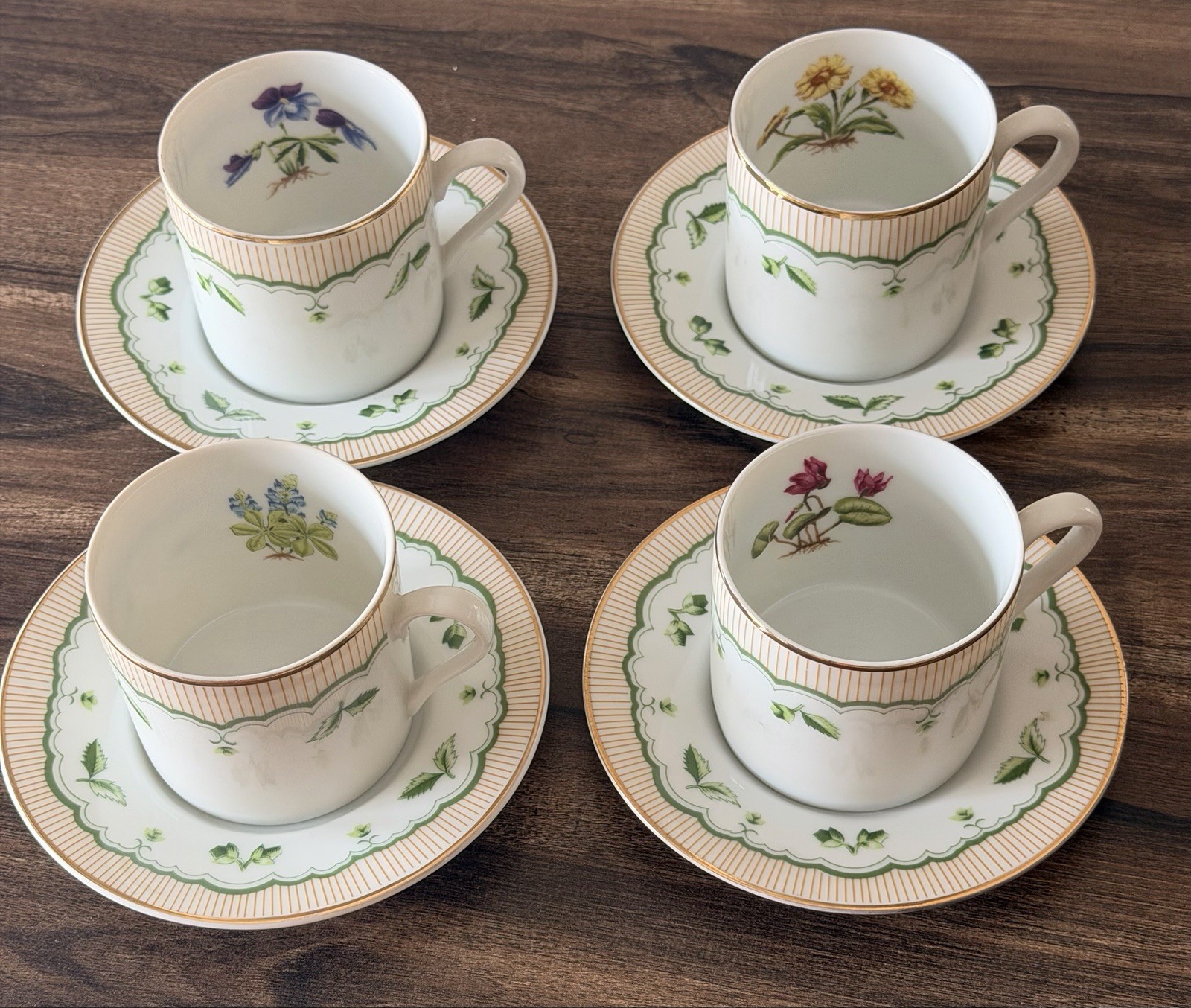 Set 4 Georges Briard Victorian Garden Demitasse Cups Cyclamen Violet,BB,Marigold