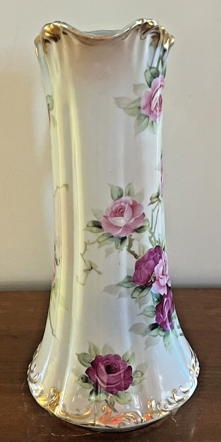 Antique Tall Pitcher Hand Painted Vase Tankard Ewer Roses Gold 15.5