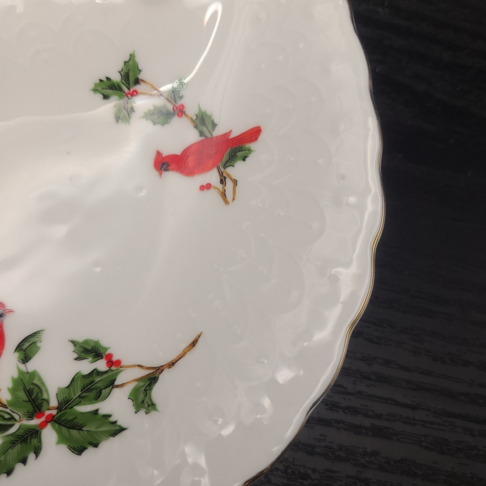 Vintage 1988 Lefton Bone China Red Cardinals & Holly Trinket Dish