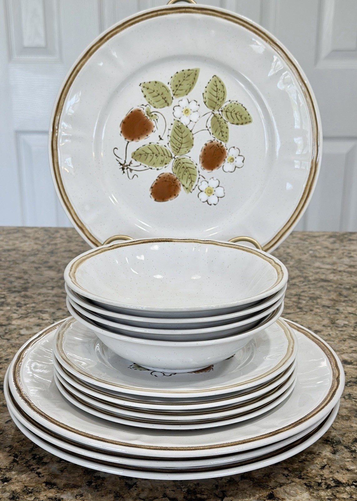 12pc Americana Hearthside Stoneware Berries Cream Dinner Set Plates & Bowls VTG