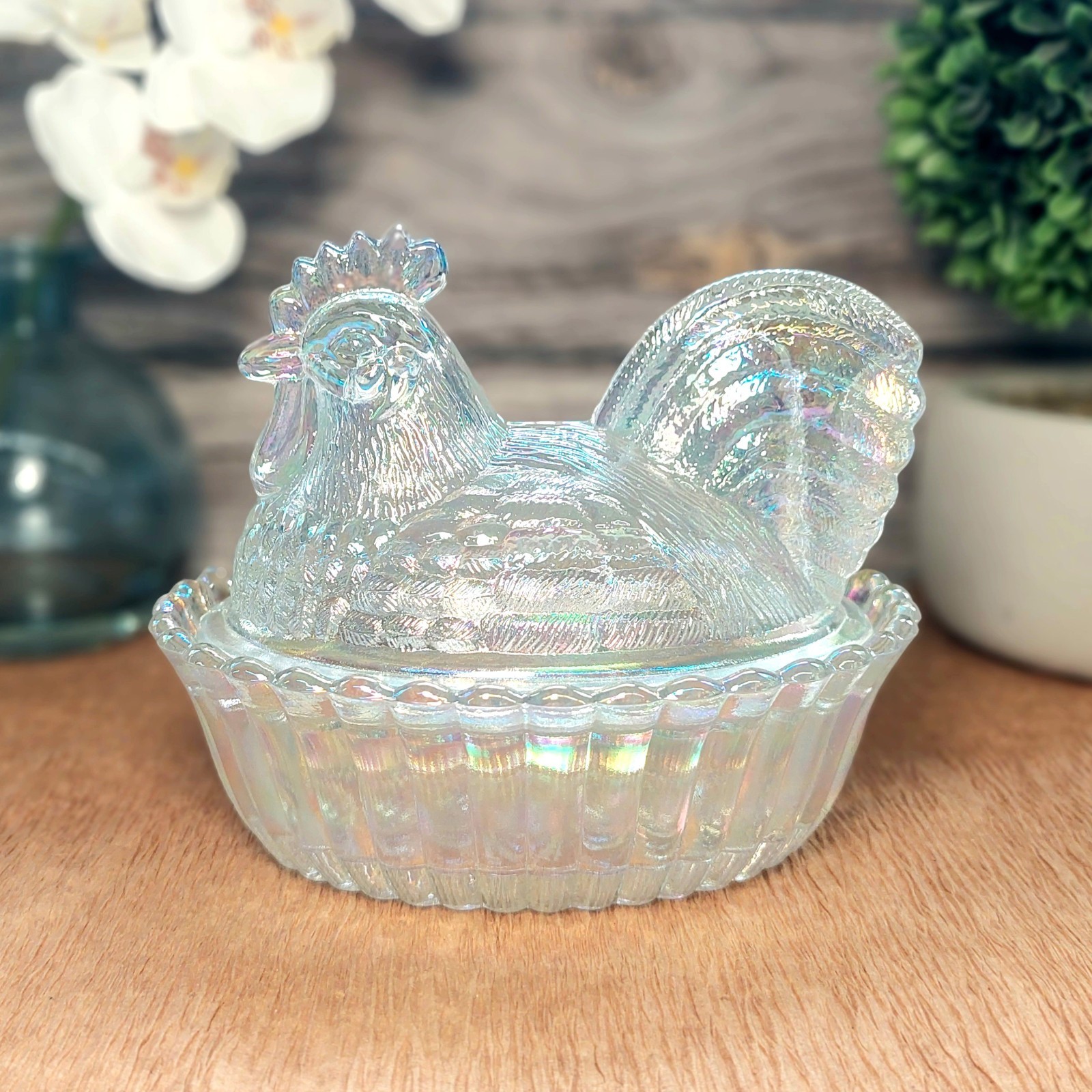 Carnival Glass Rooster Hen on Nest Chicken Candy Dish, Depression Style