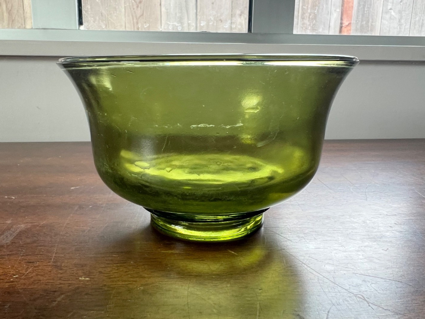 Vintage MCM Olive Green Glass Footed Bowl Retro Home Decor