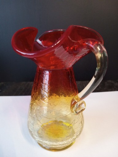 Vintage Amberina Crackle Glass Small Pitcher/Creamer Honey Amber To Red.