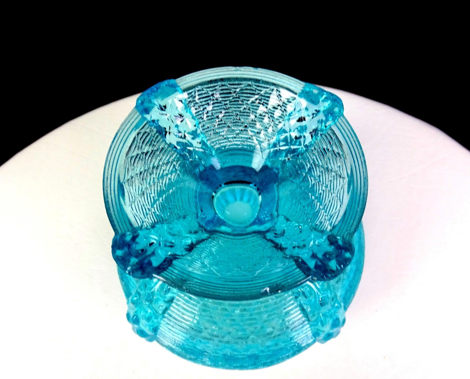 Northwood Glass Blue Opalescent Button Panel Pedestal 4 1/4″ Rose Bowl 1897-1905
