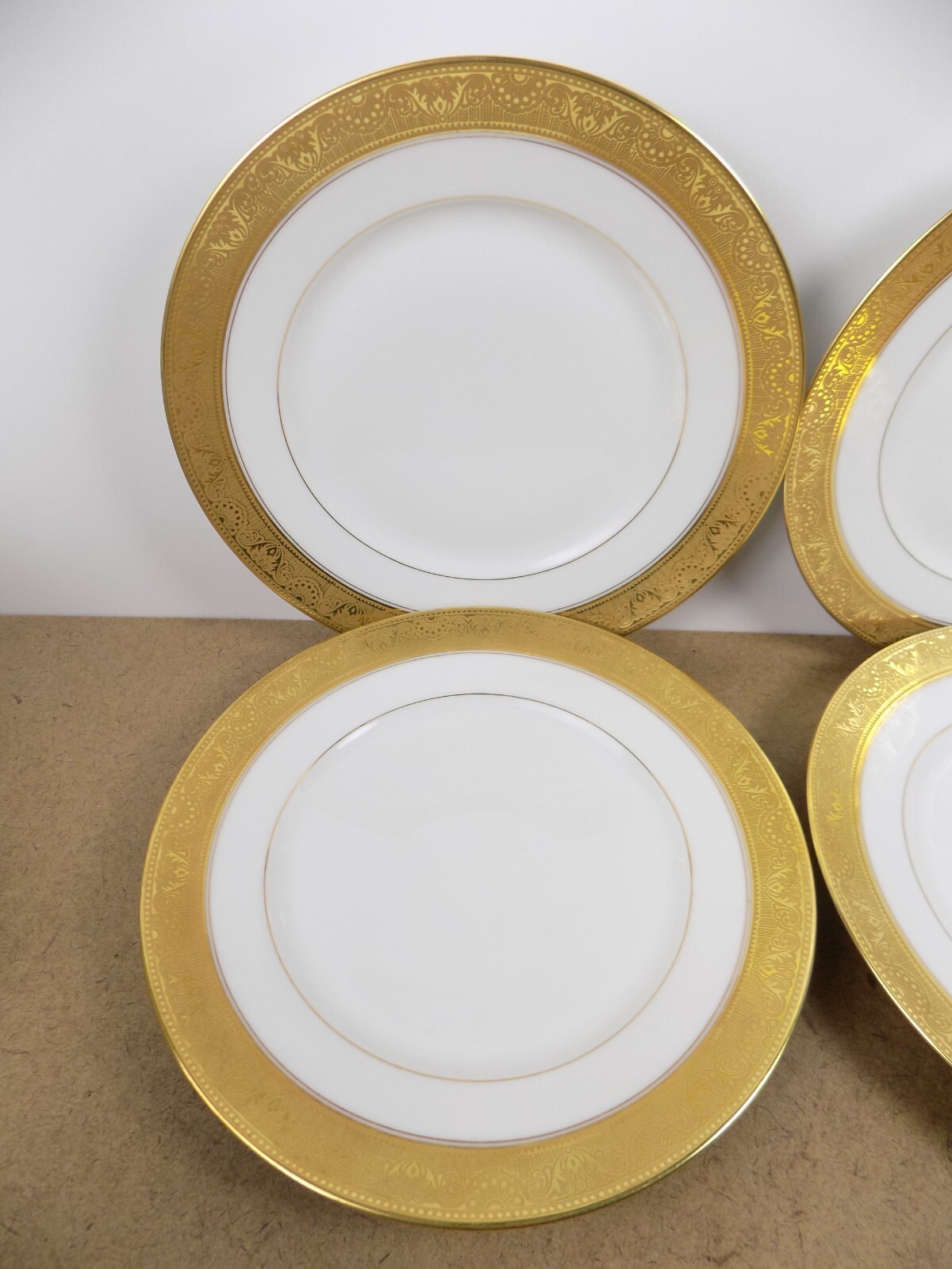 4 L. Boyer Limoges Porcelain 8.75″ Plates Ovington Bros. NY Gold Band