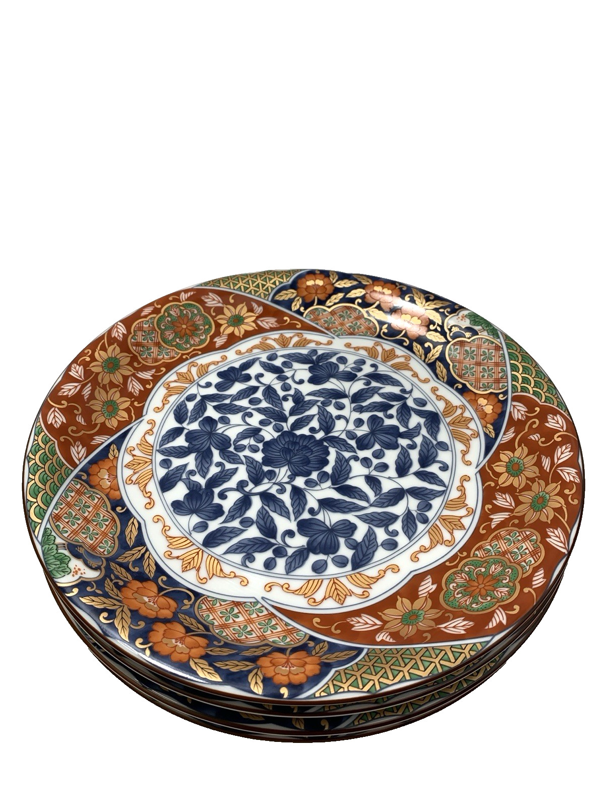 GUMPS KARAKUSA SET 4 DINNER PLATE 10.25″IMARI RUST BLUE GREEN FLORAL SMOOTH EDGE
