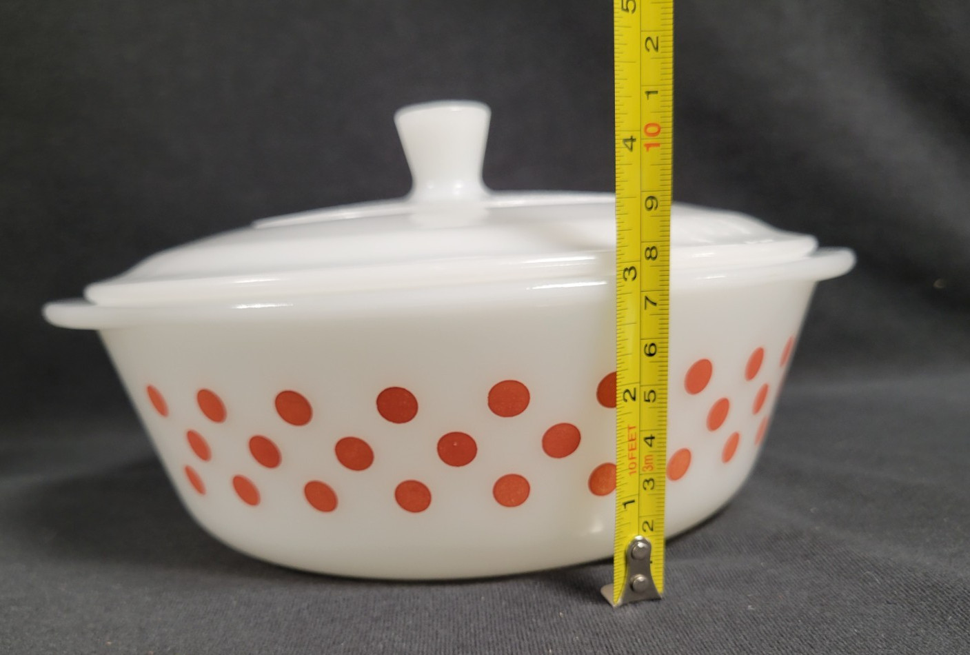 Vintage Glasbake J514 White 2 Quart Casserole Dish W/ Lid Pink/Red Polka Dots