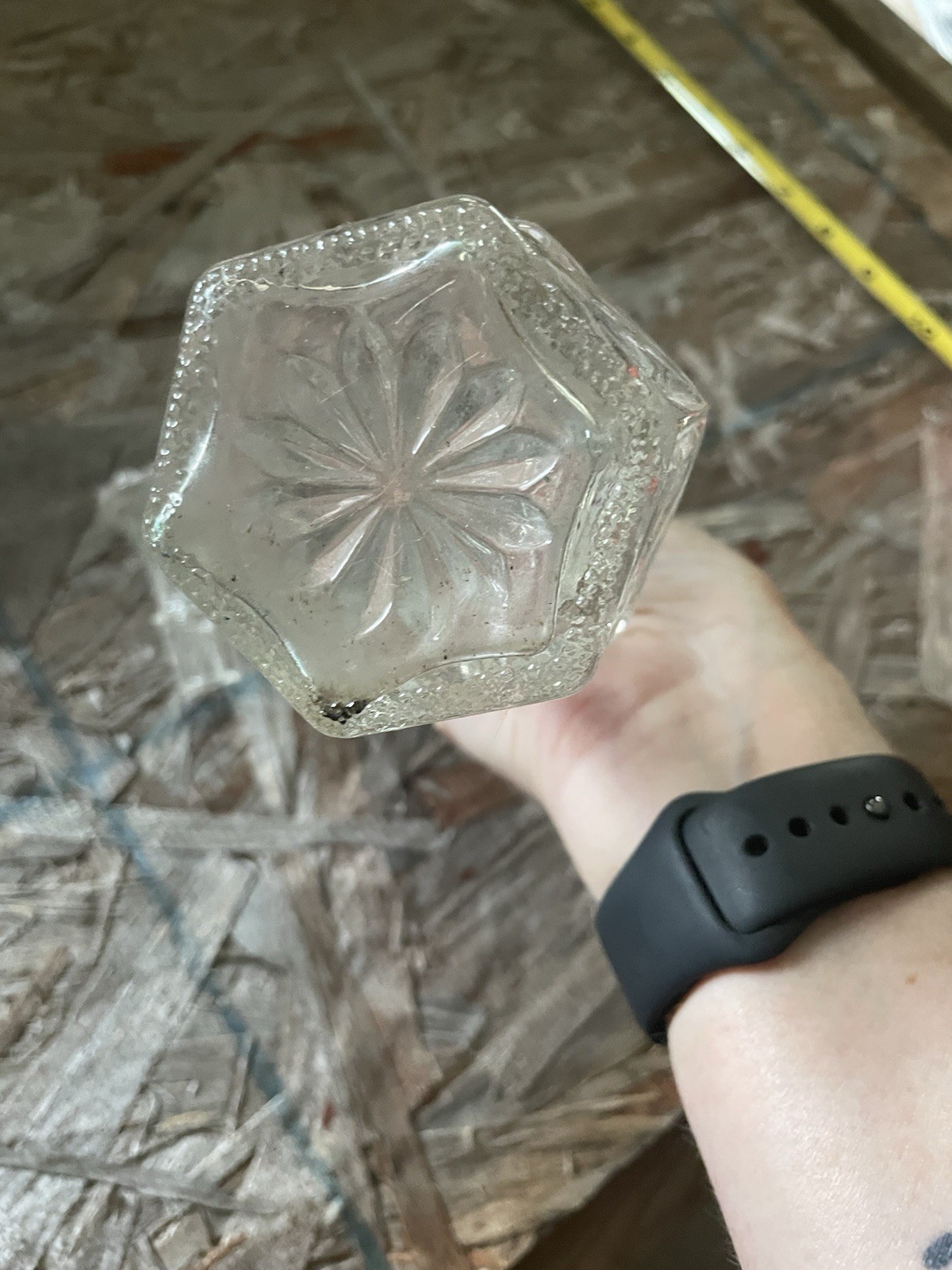Vintage Clear Pressed Glass Cruet with Stopper Starburst Hexagon Base 8”