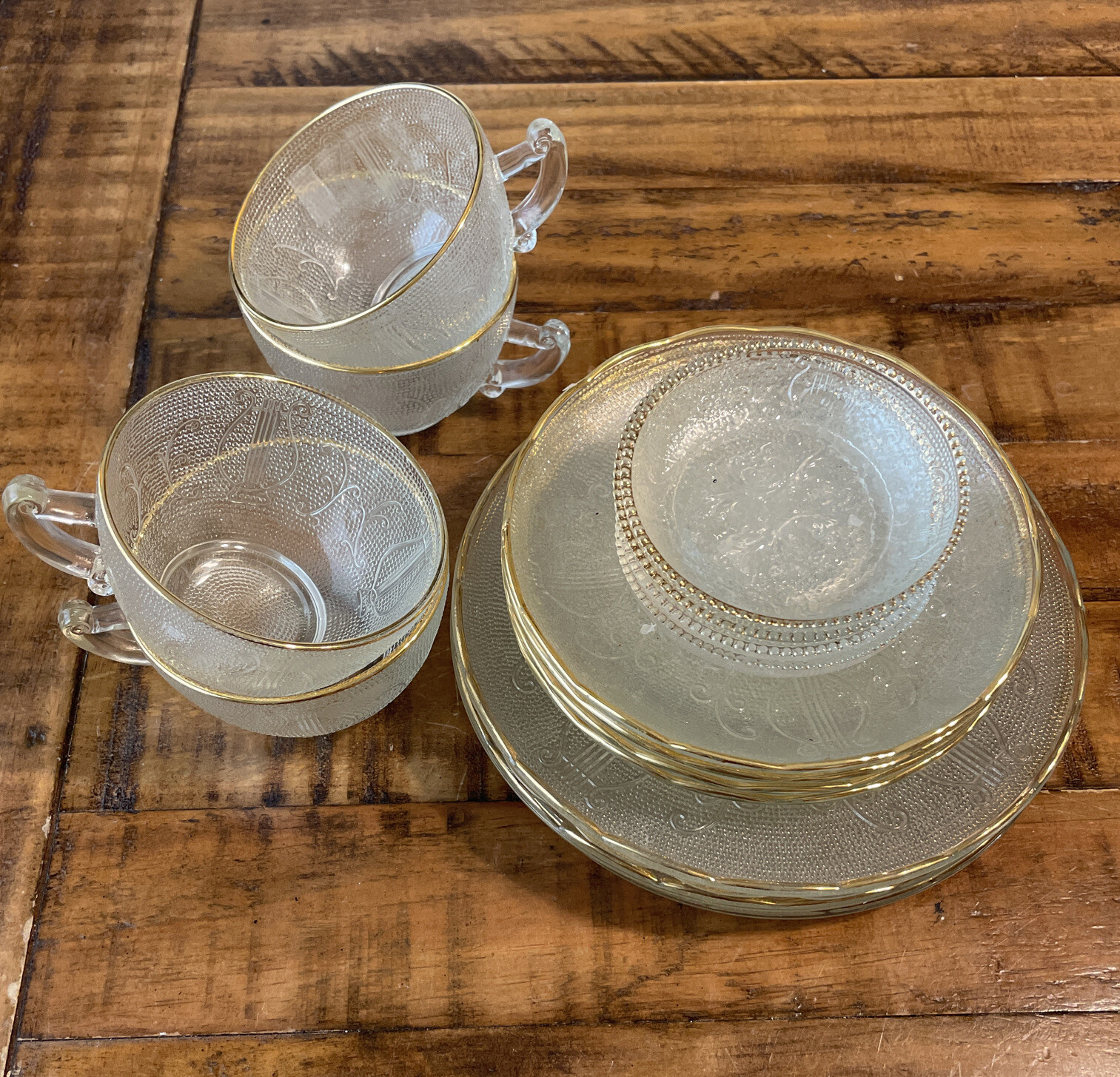 4 Jeannette HARP CRYSTAL ” CUPS & SAUCERS * 4 Ashtrays/coasters & 4 Salad Plates