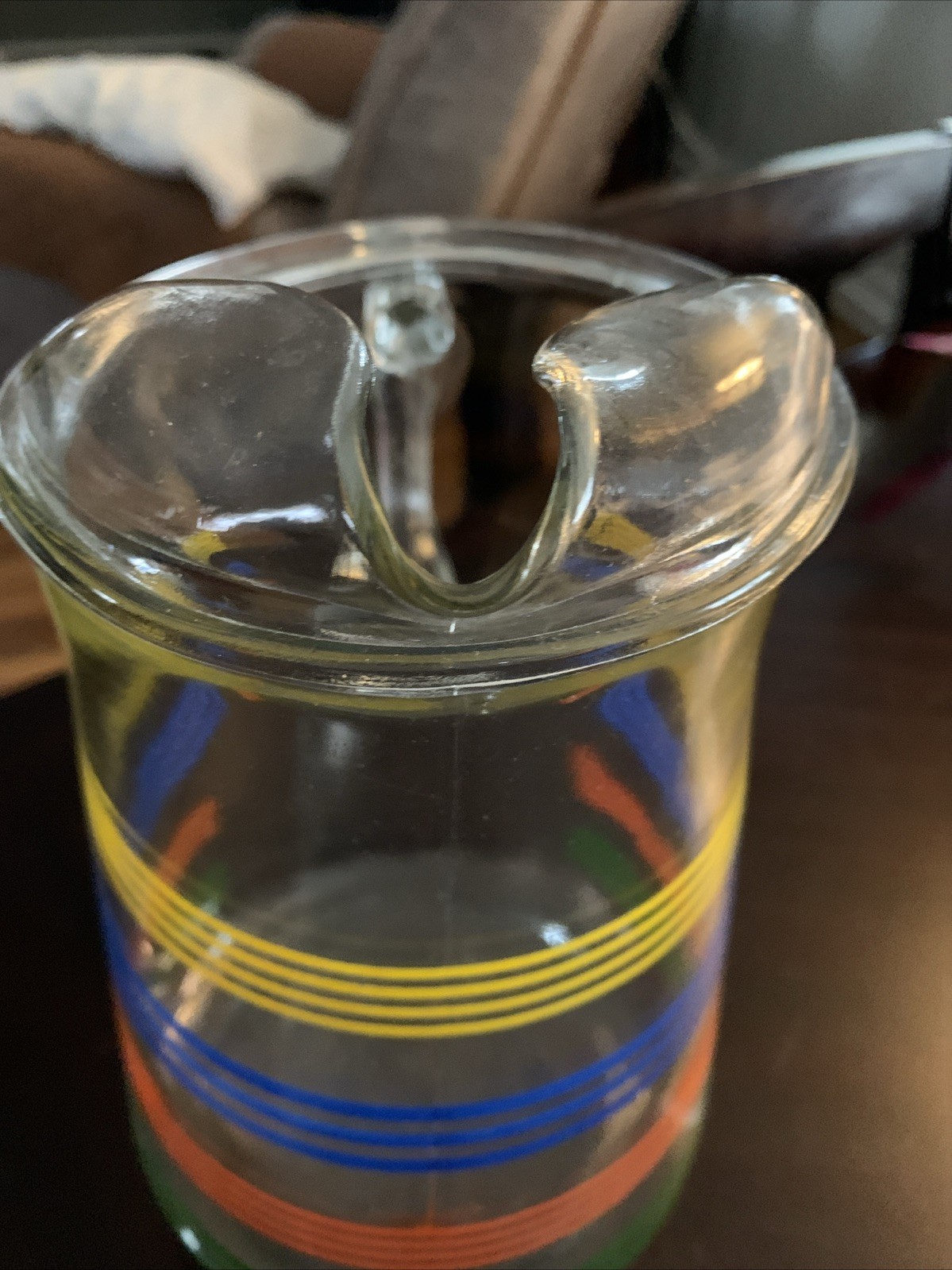 Vintage Anchor MCM Hocking Rainbow Stripe Fiesta GLASS PITCHER Primary Colors 9”