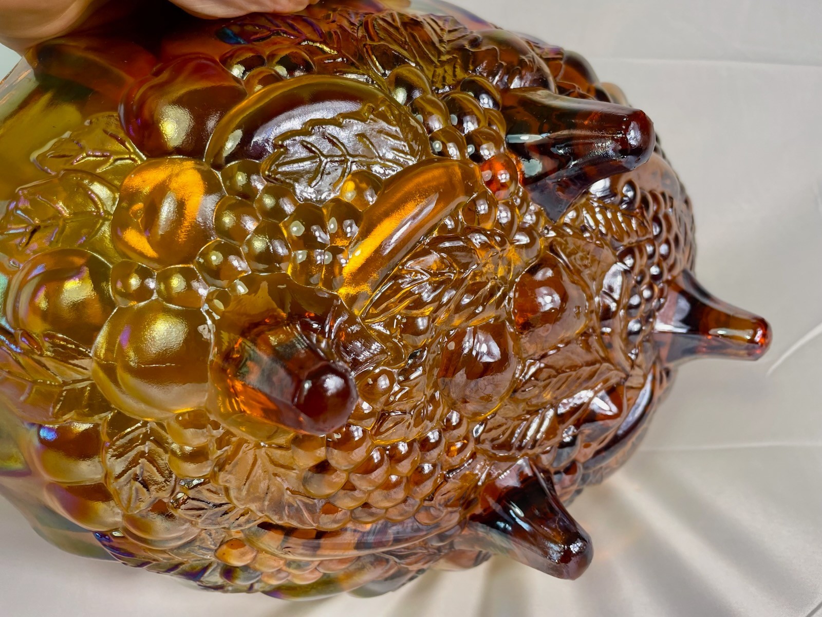 Vintage Carnival Glass Amber Iridescent Fruit Bowl 12” LG Footed Oval Indiana