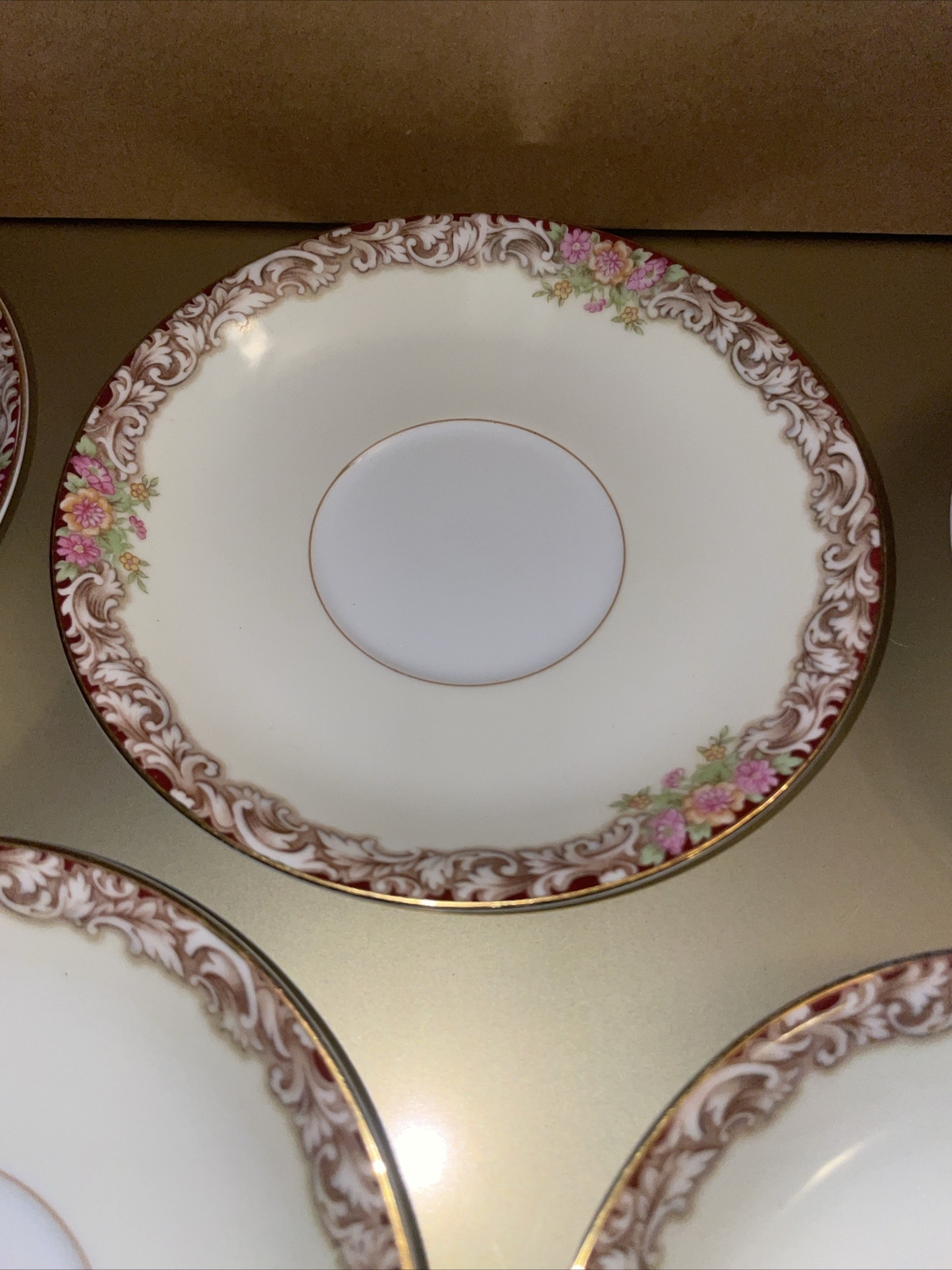 Noritake China Harmony 3906 Gold Trim, Red Brown Floral- TEACUP SAUCERS Lot Of 5