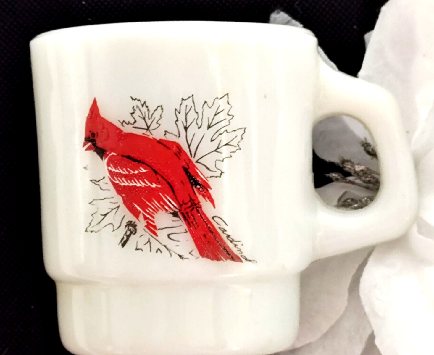 Cardimal Birds Fire King Mug EASTER Anchor Hocking Milk Glass Vtg Coffee Tea Cup