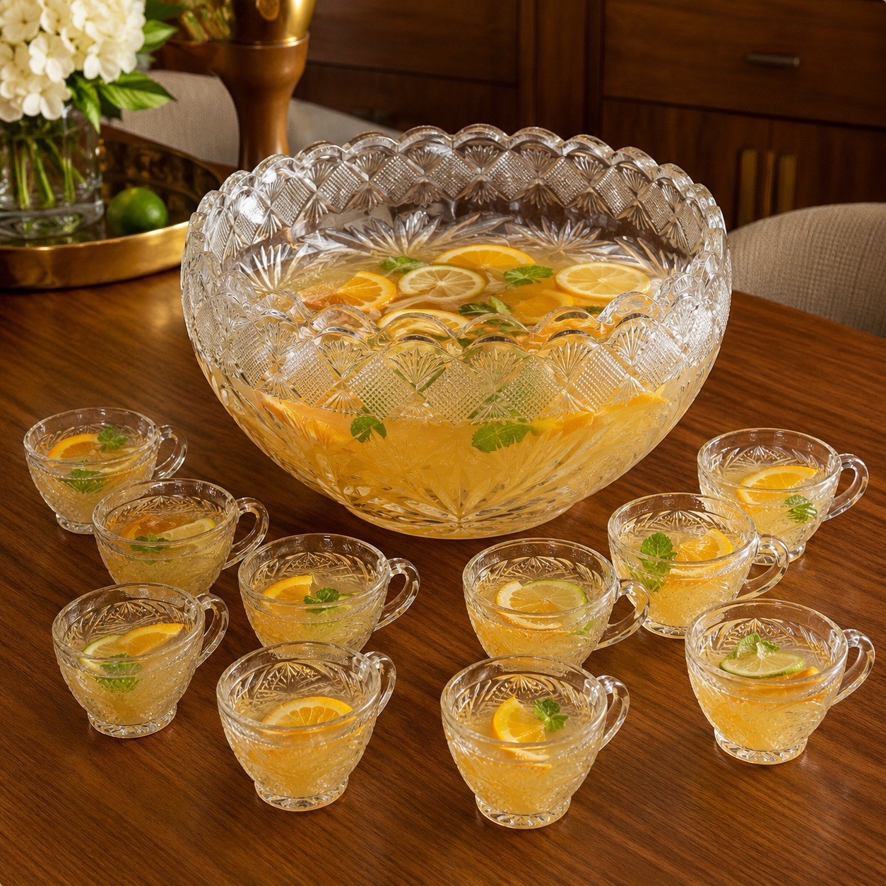 L E Smith Daisy Saw Edge Clear Glass Punch Bowl Set 12 Cups VTG Mid Century