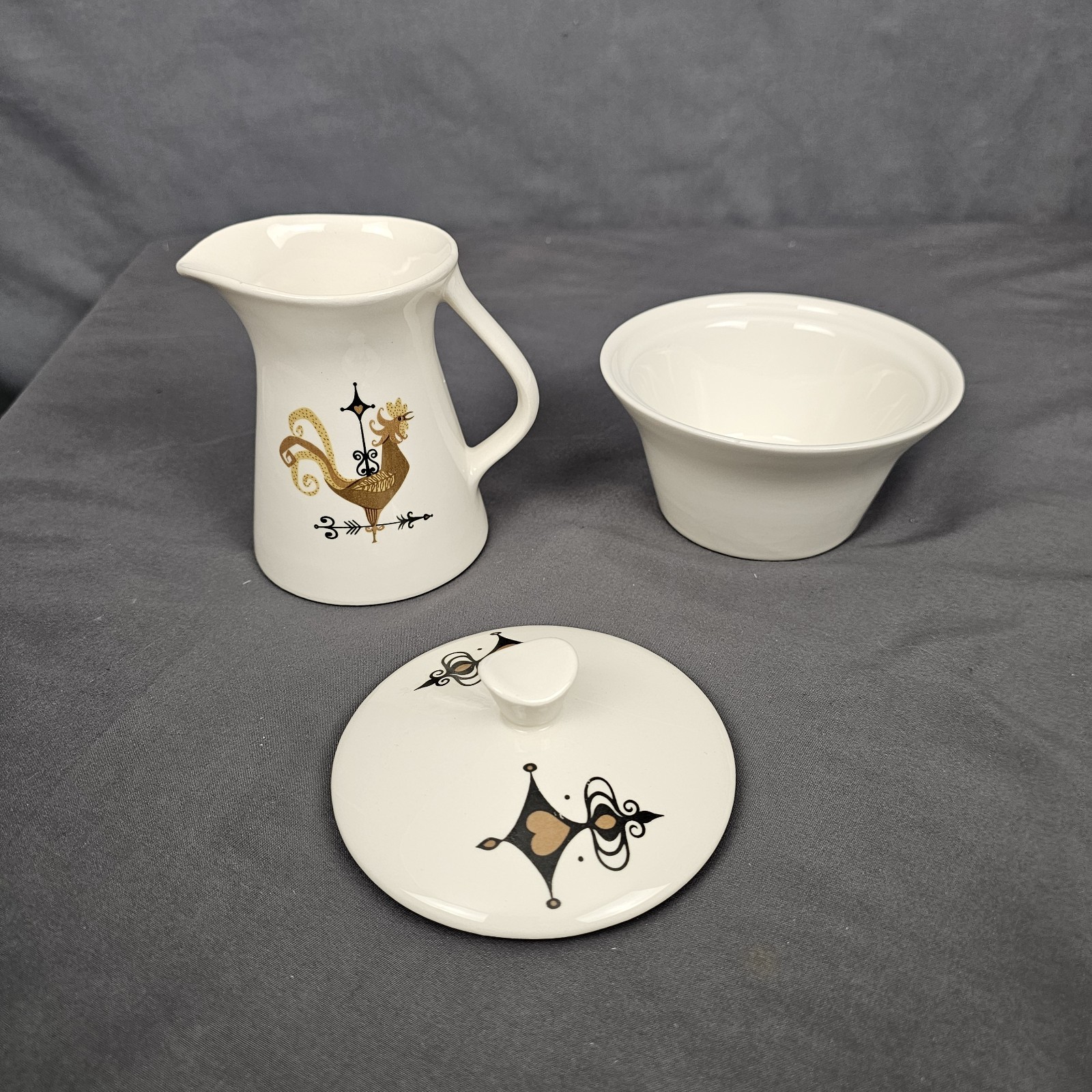 Weather Vane Edwin Knowles Rooster Creamer and Sugar Bowl w Lid Set MCM