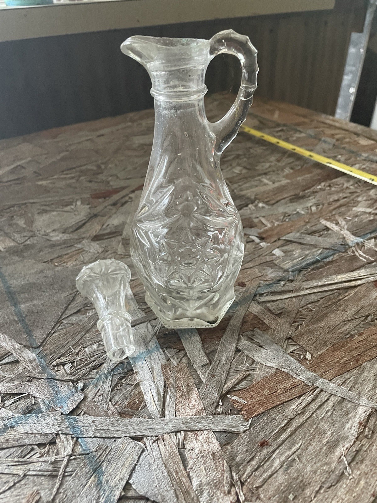 Vintage Clear Pressed Glass Cruet with Stopper Starburst Hexagon Base 8”