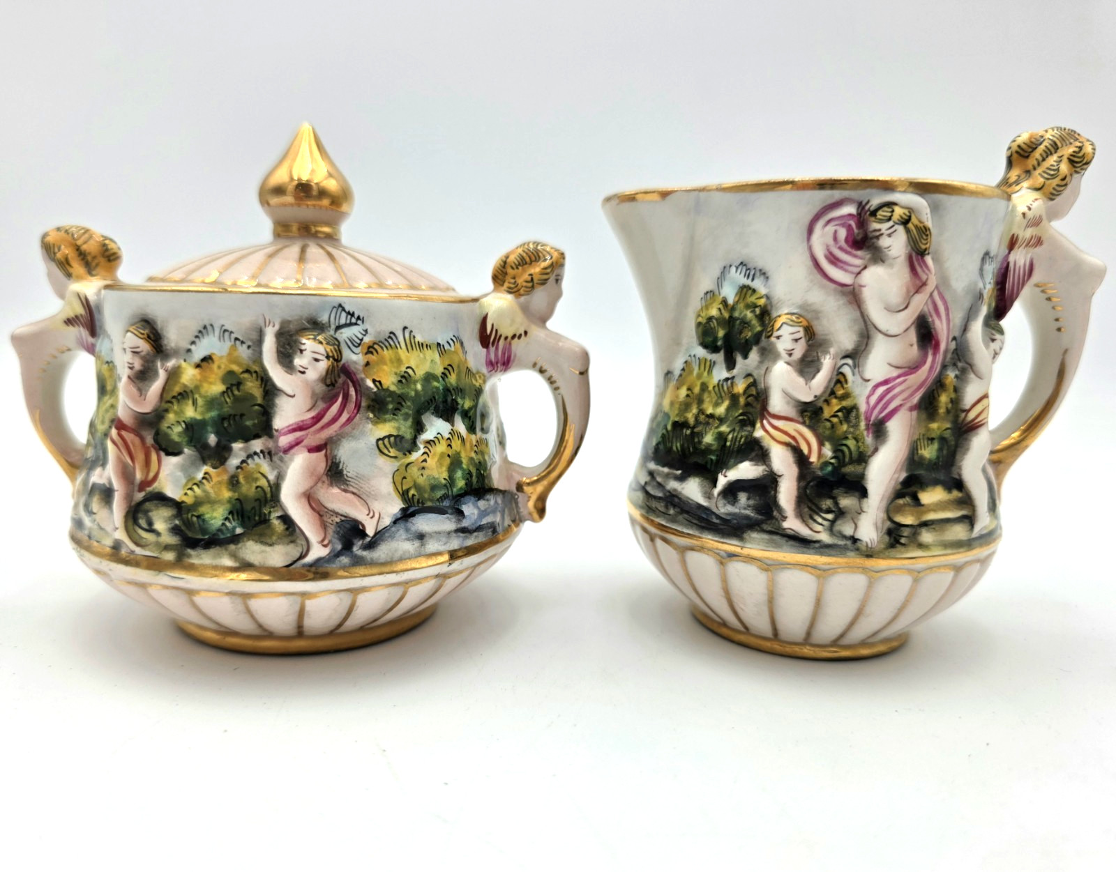 Capodimonte Cherub Sugar Bowl Creamer Set Gold Gilt Italy Porcelain VTG