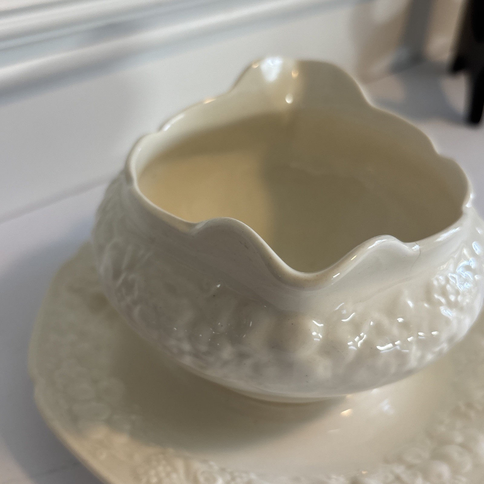 Crown Ducal Florentine Ivory Colored Gravy Boat with Attached Underplate