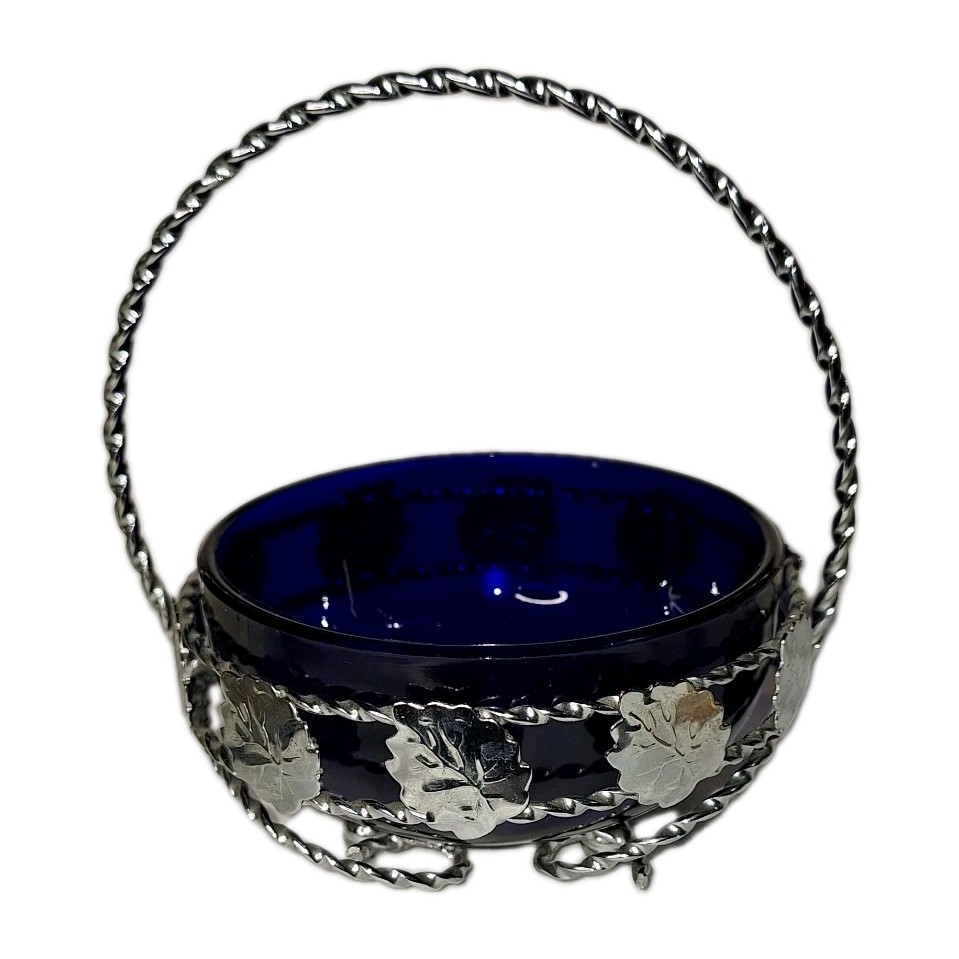 Vintage Cobalt Blue Condiment Server/ Candy Dish With Silver tone Caddy READ