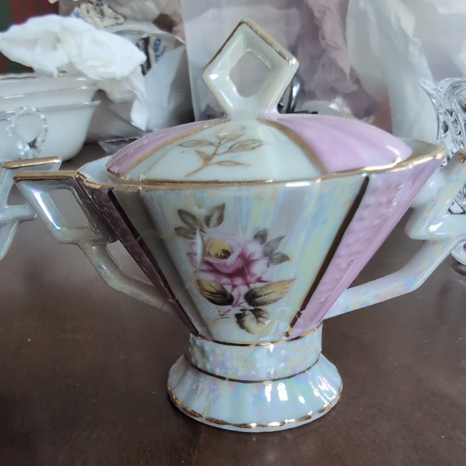 Rare Vintage Lipper Pink Mother Of Pearl Porcelain Creamer & Sugar Bowl Set