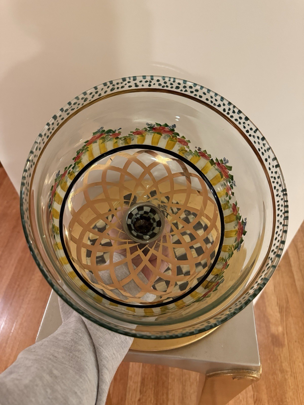 Mackenzie Childs Courtly Check Circus Glass Cake Dome and Wood Underplate