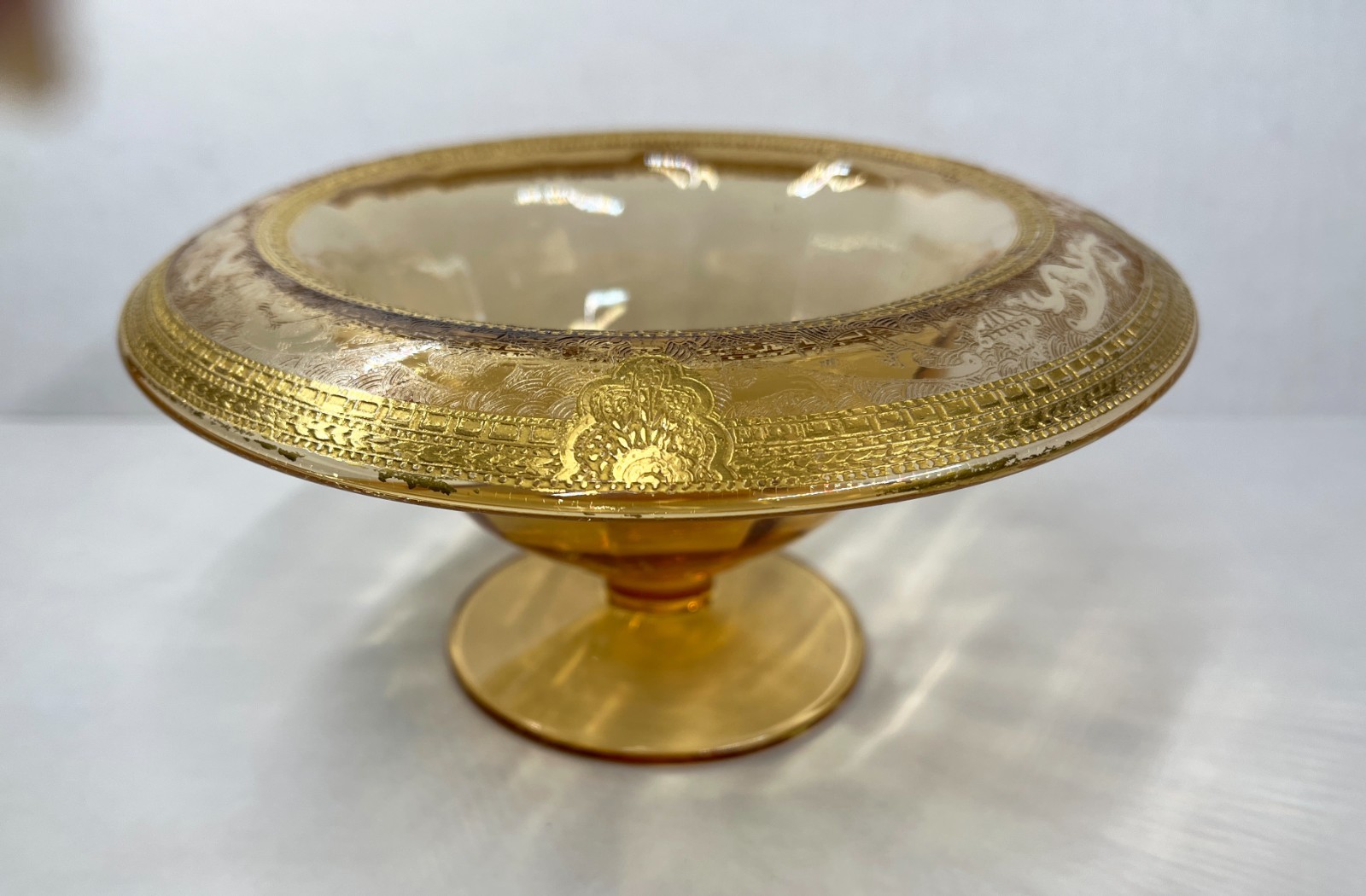 Vintage Amber Glass Pedestal Compote with Rolled Gold Decorative Rim