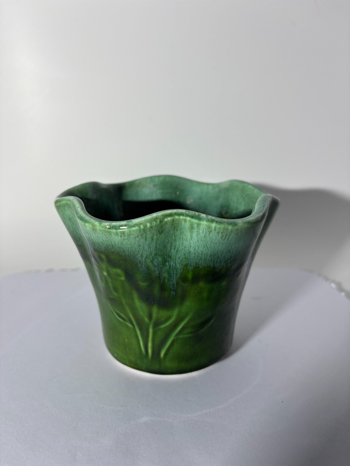 Vintage Judy Calif USA Pottery F1 Green Free Form Vase Embossed Leaf MCM