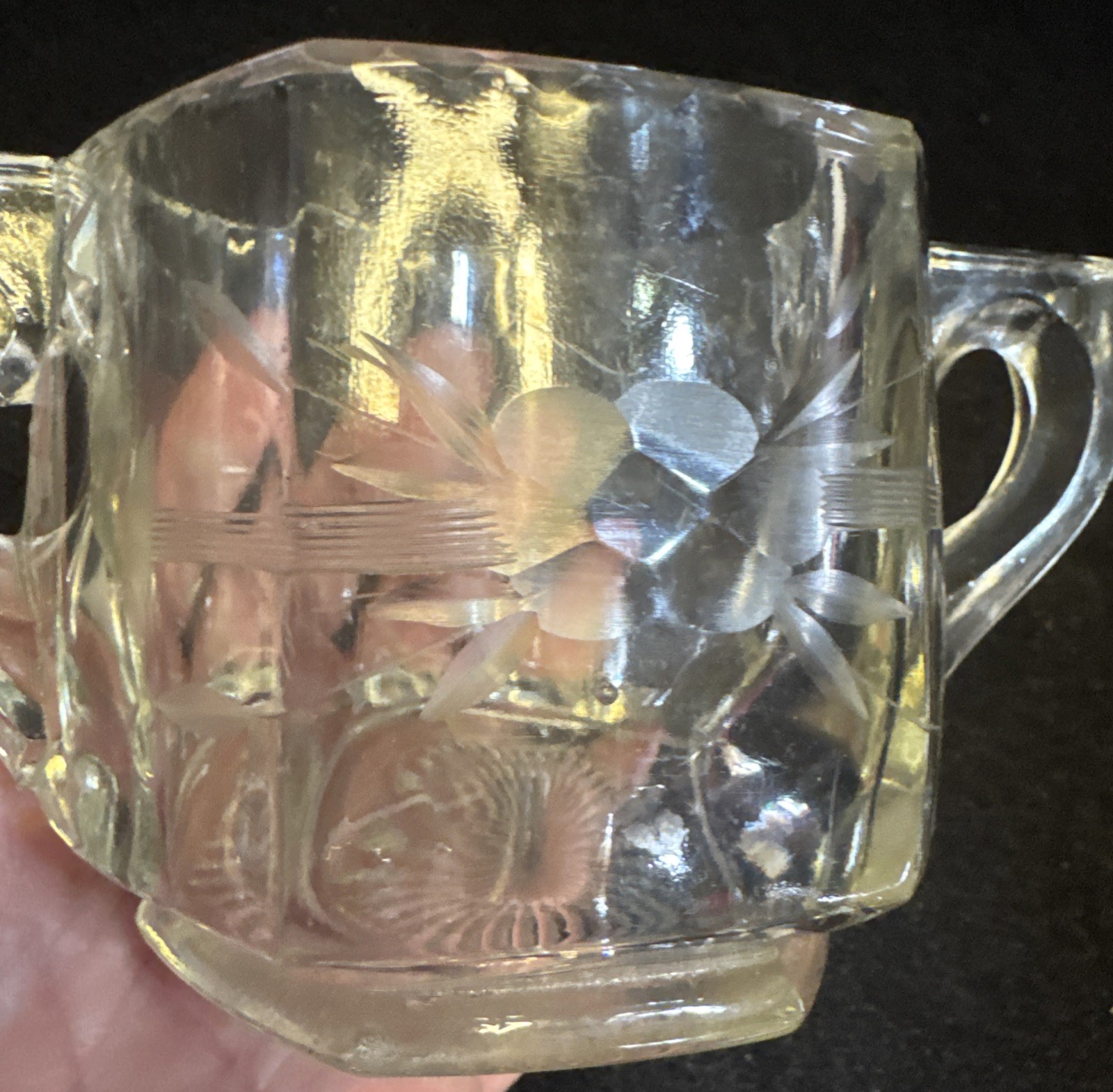 VTG Clear Crystal Glass Sugar Cube Bowl W/Flower Engraved On Sides