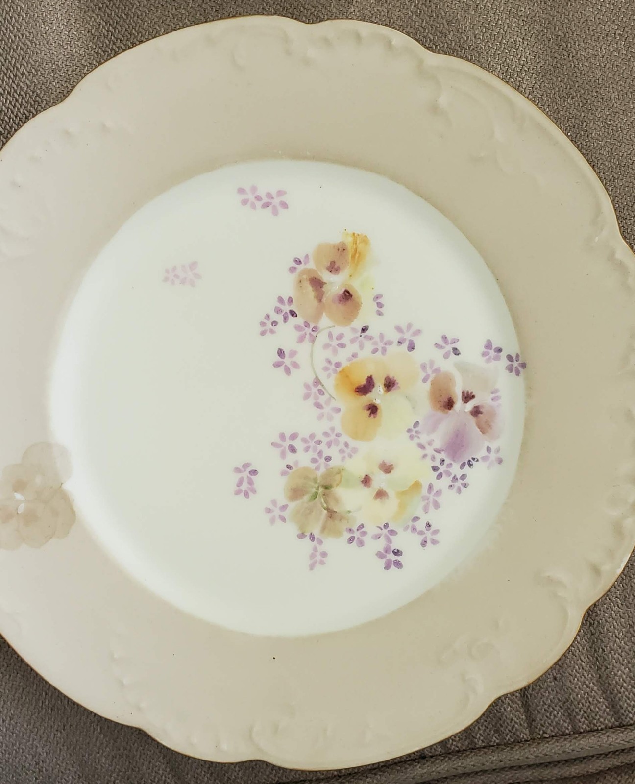 H&Co France Hand Ptd Bread Plate Dtd 1896, Pastel Pansies, Signed, “Mrs Leonard”