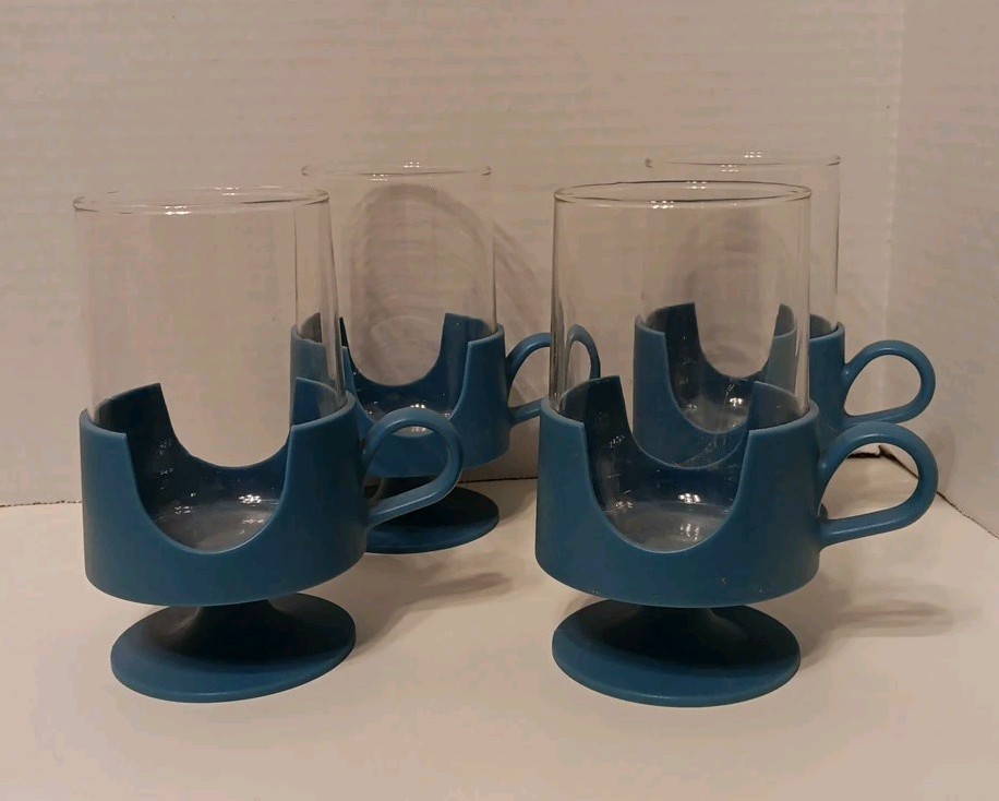 Vintage Corning Glas-Snap Mugs Blue Tulip Cups Hot/Cold Set of 4
