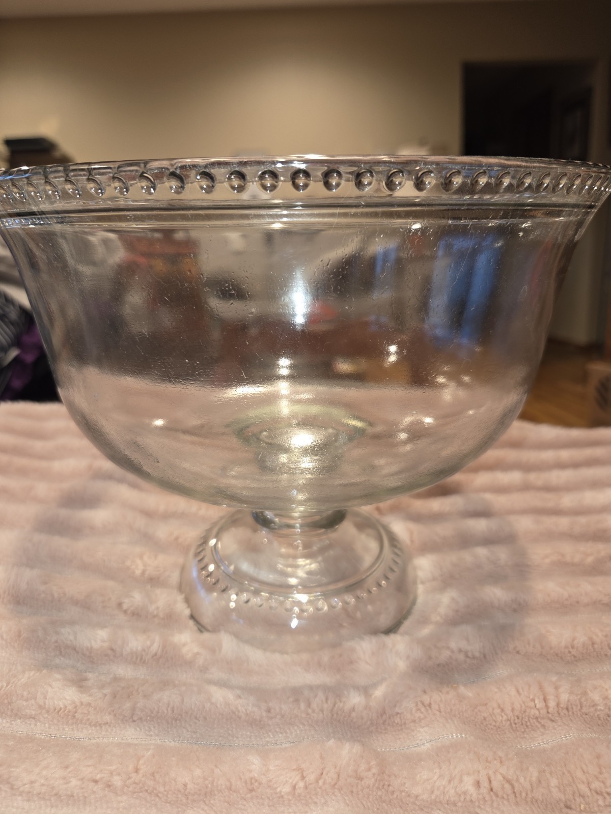 Clear Glass Pedestal Bowl Beaded Edge Round Glossy Elegant Decorative