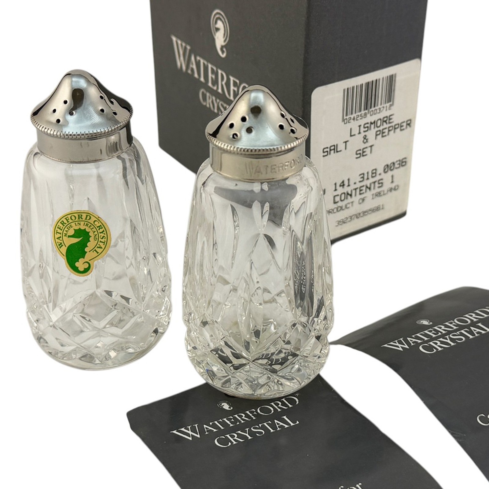 Waterford Crystal LISMORE Salt & Pepper IRELAND Made Shaker Pair Set Never Used