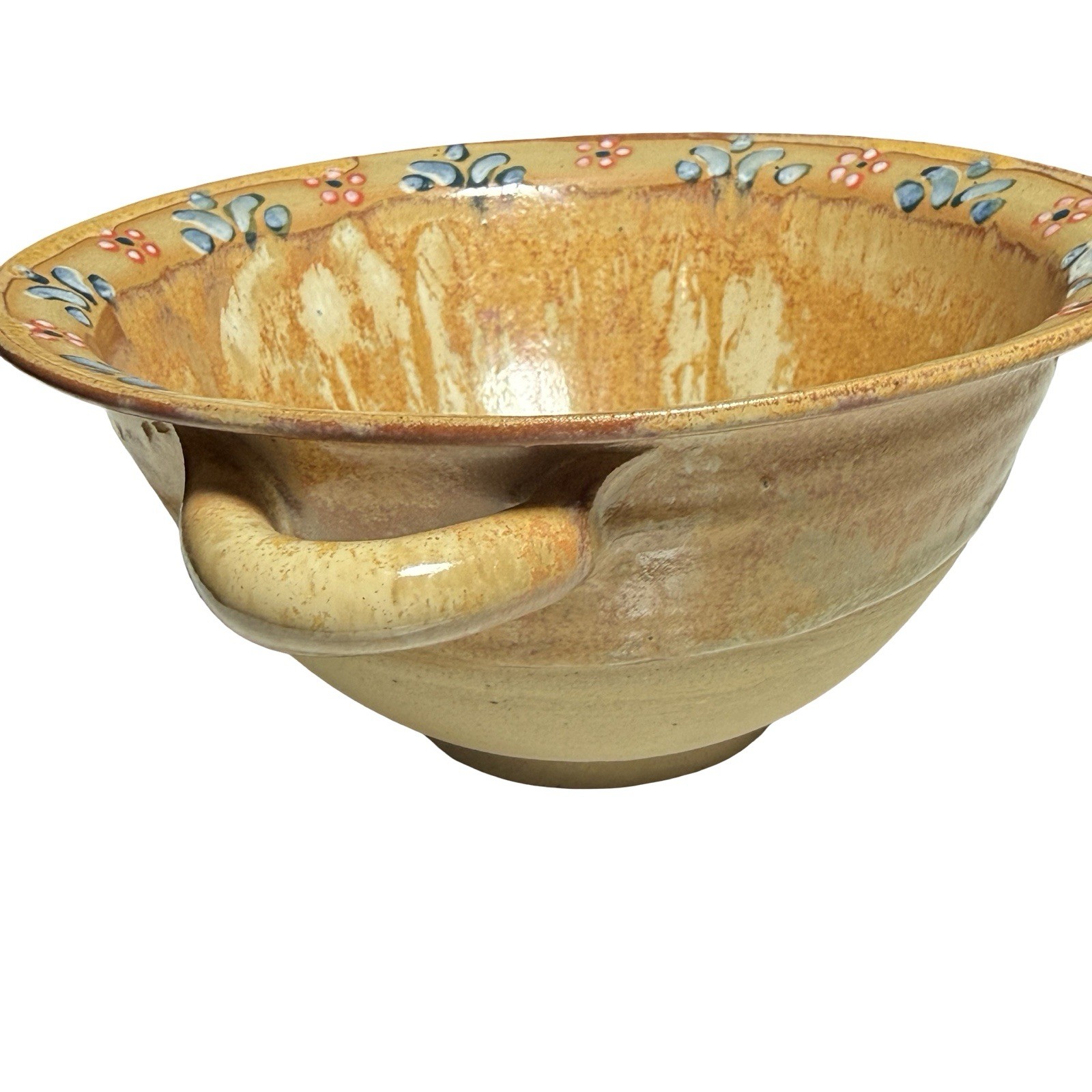 Handmade Earthenware Bowl Art Pottery Ceramic 6 1/2″ USA Handles Thin Floral