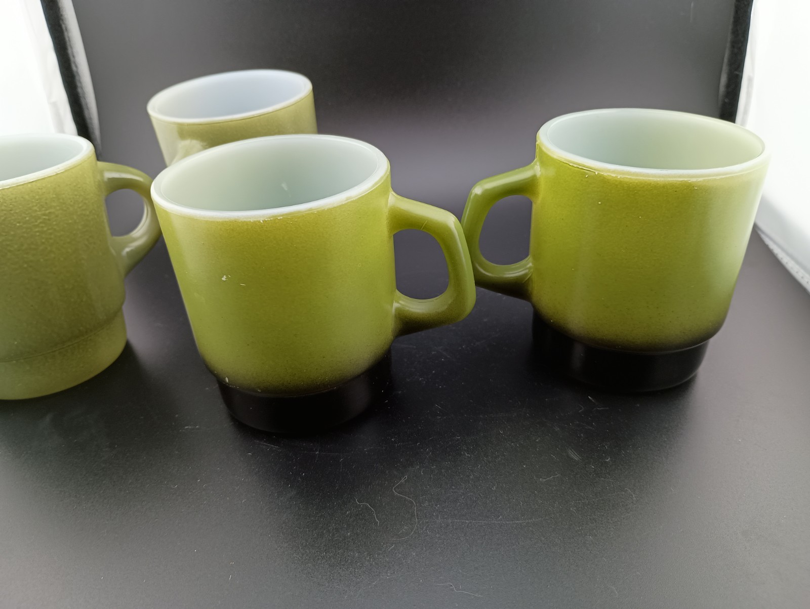 4 Olive Green Fire King Glass Coffee Tea Mugs Stackable 2 w Black 1970s Style