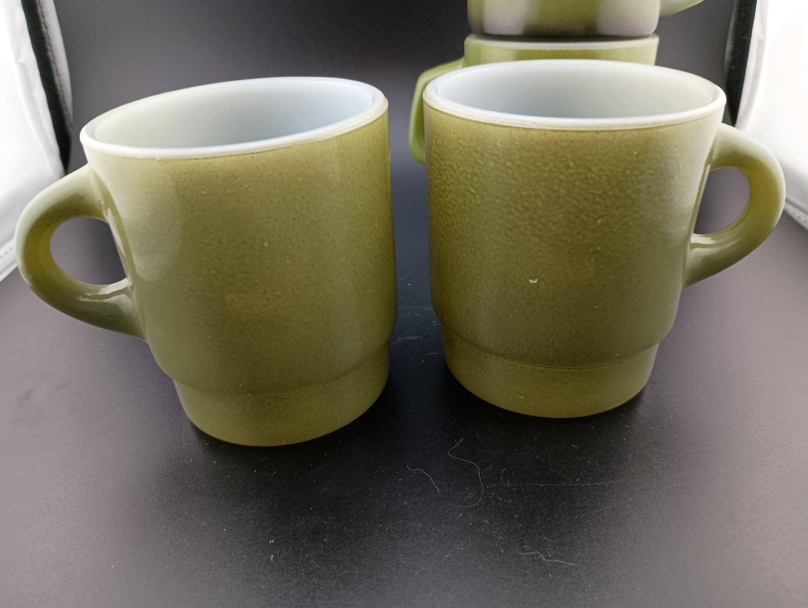 4 Olive Green Fire King Glass Coffee Tea Mugs Stackable 2 w Black 1970s Style