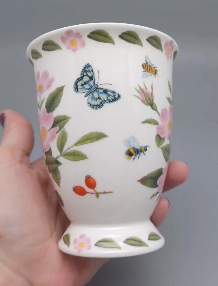 Kent Pottery Pedestal Mug 8oz Pink Flowers, Butterfly And Bumble bee