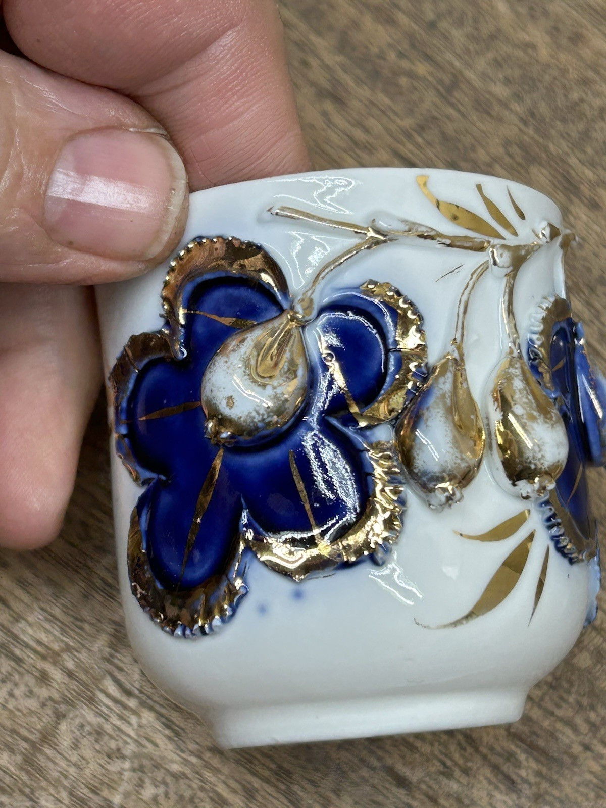 Antique Germany cobalt blue white gold rust Demitasse Cup applied Flowers Leaves