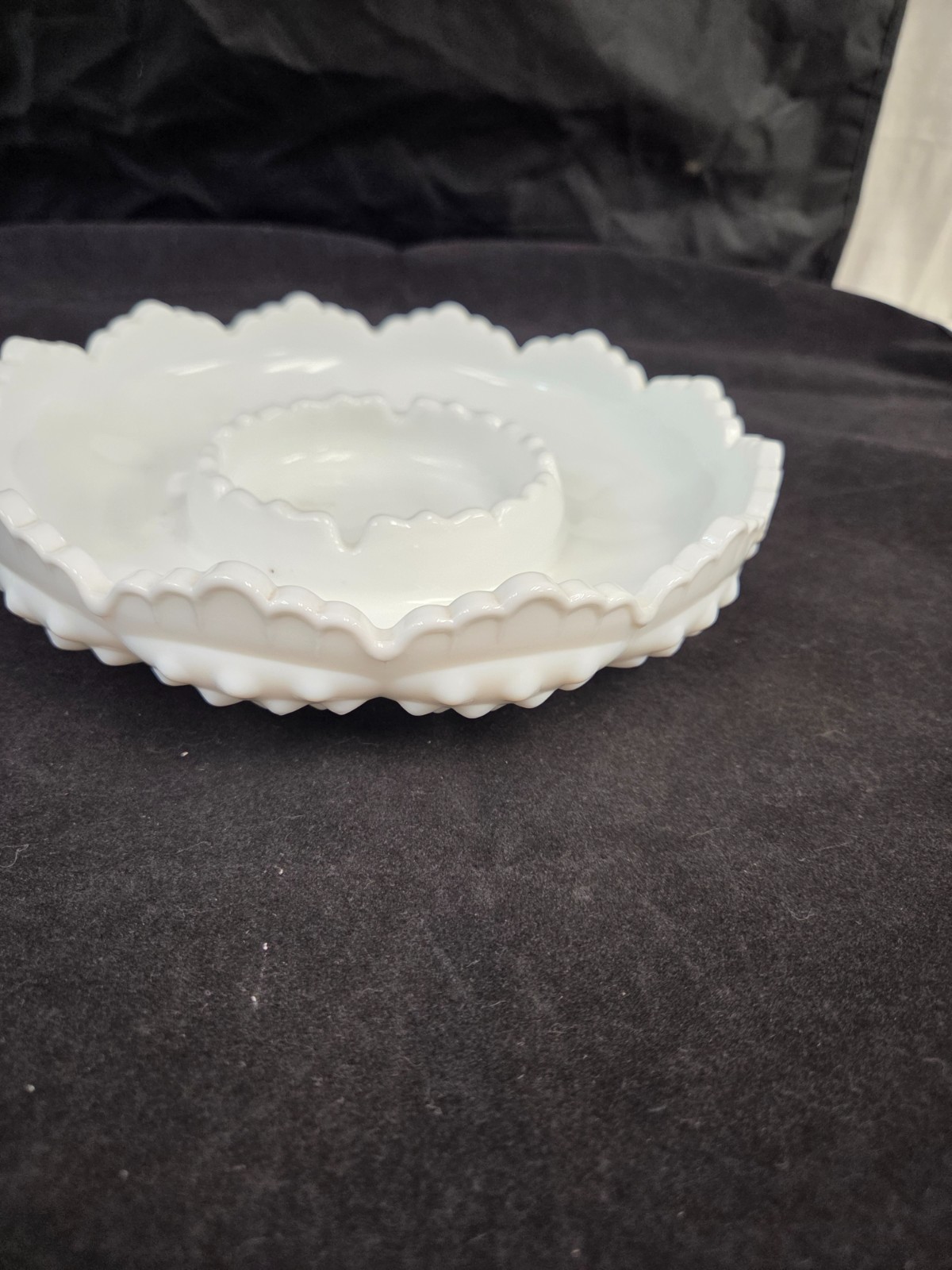 VTG Fenton White Milk Glass Hobnail 9 1/2″ Chip ‘N Dip/Candle Bowl #3748