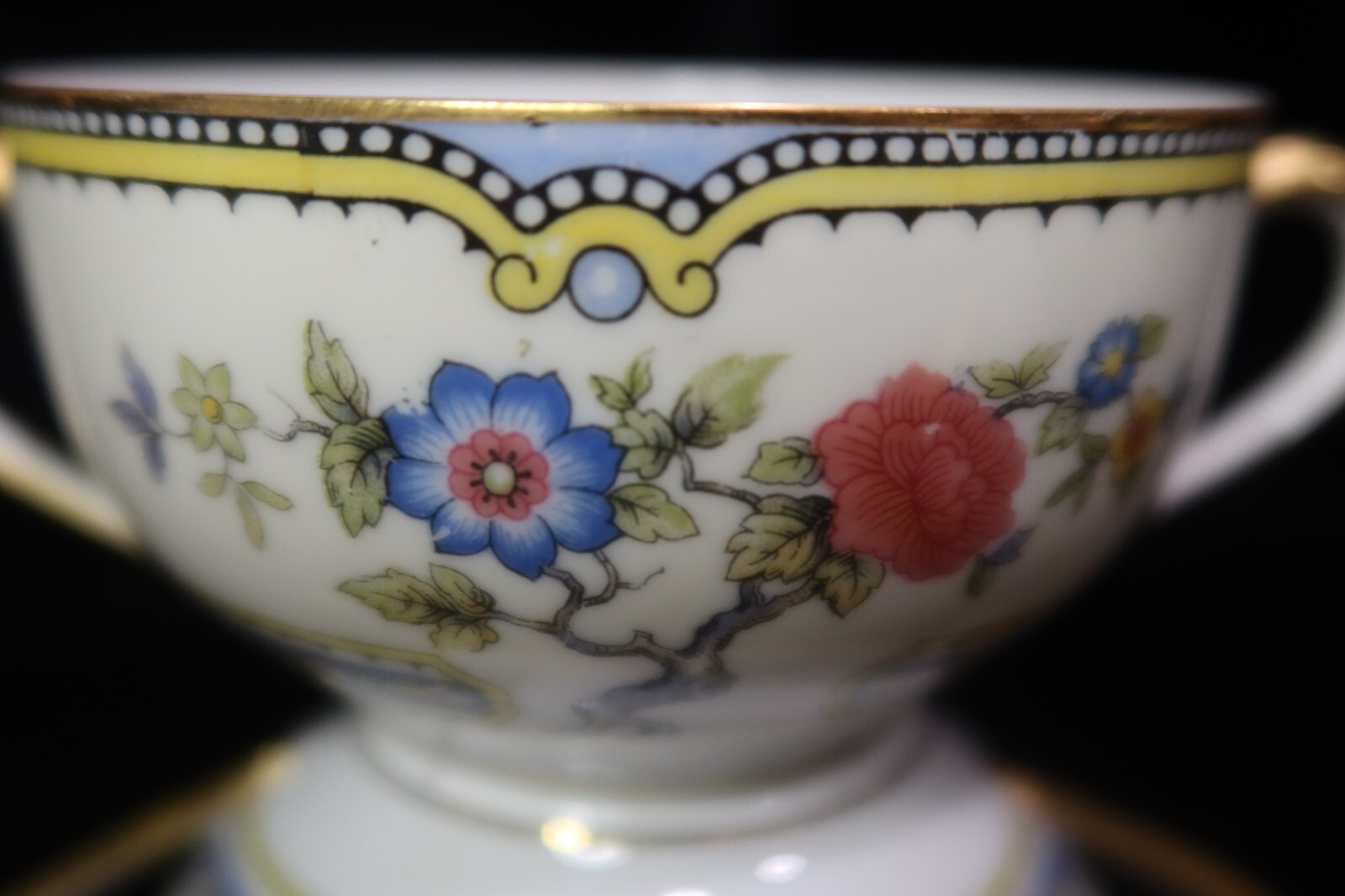 Noritake Mayflower 6 Cream Soup Bowls Rust & Blue Flowers Gold Trim 3 5/8″ Wide