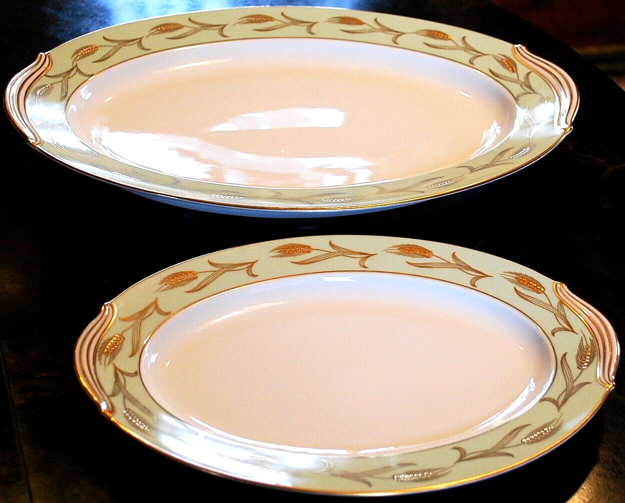 Set 2 Vintage Noritake ALICE Platters 16″ & 12″ GOLD WHEAT ON AQUA BAND c1951
