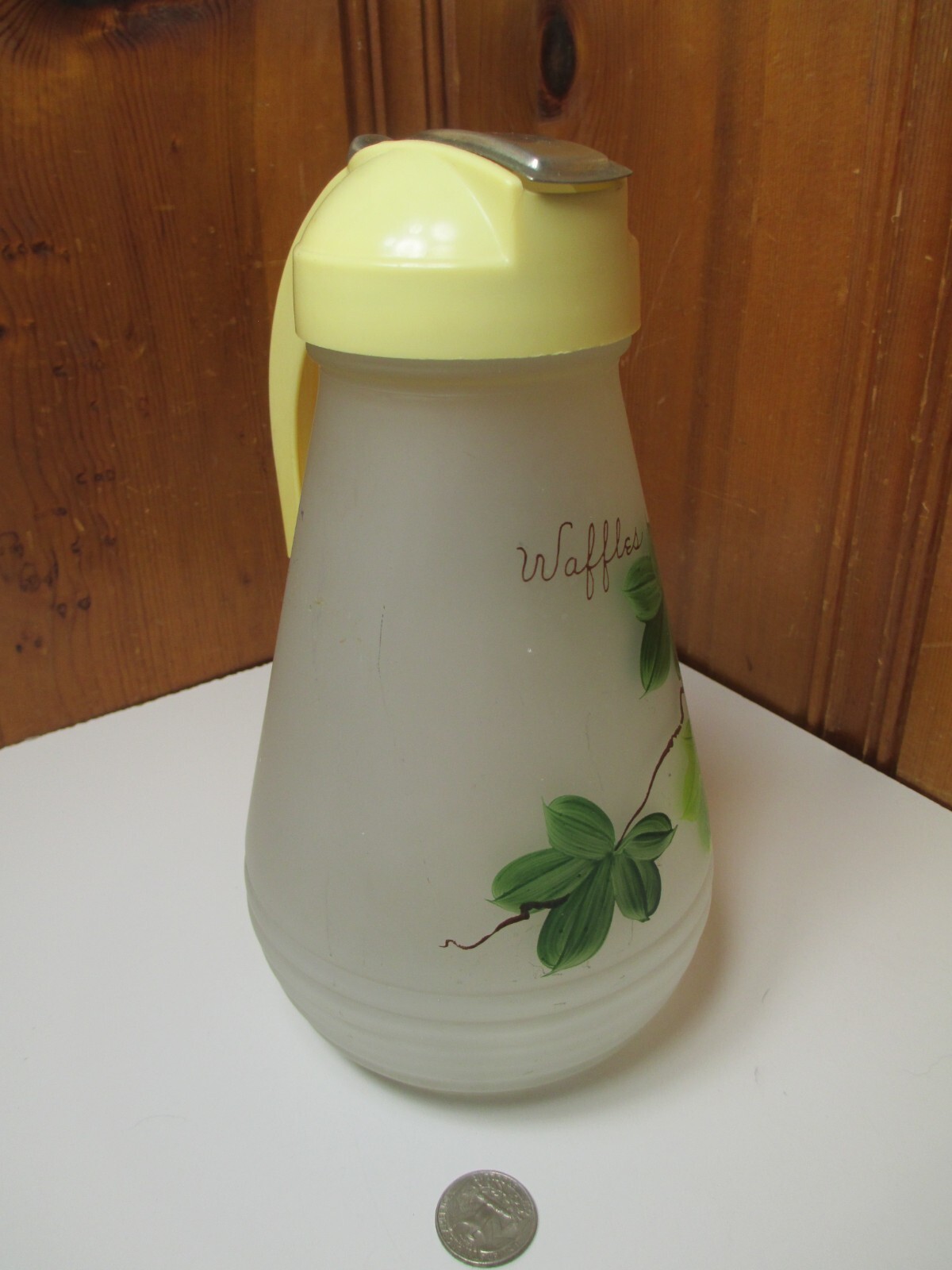 Vintage Hazel Atlas Frosted Glass Waffle Batter Syrup Pitcher Green Vines Lid