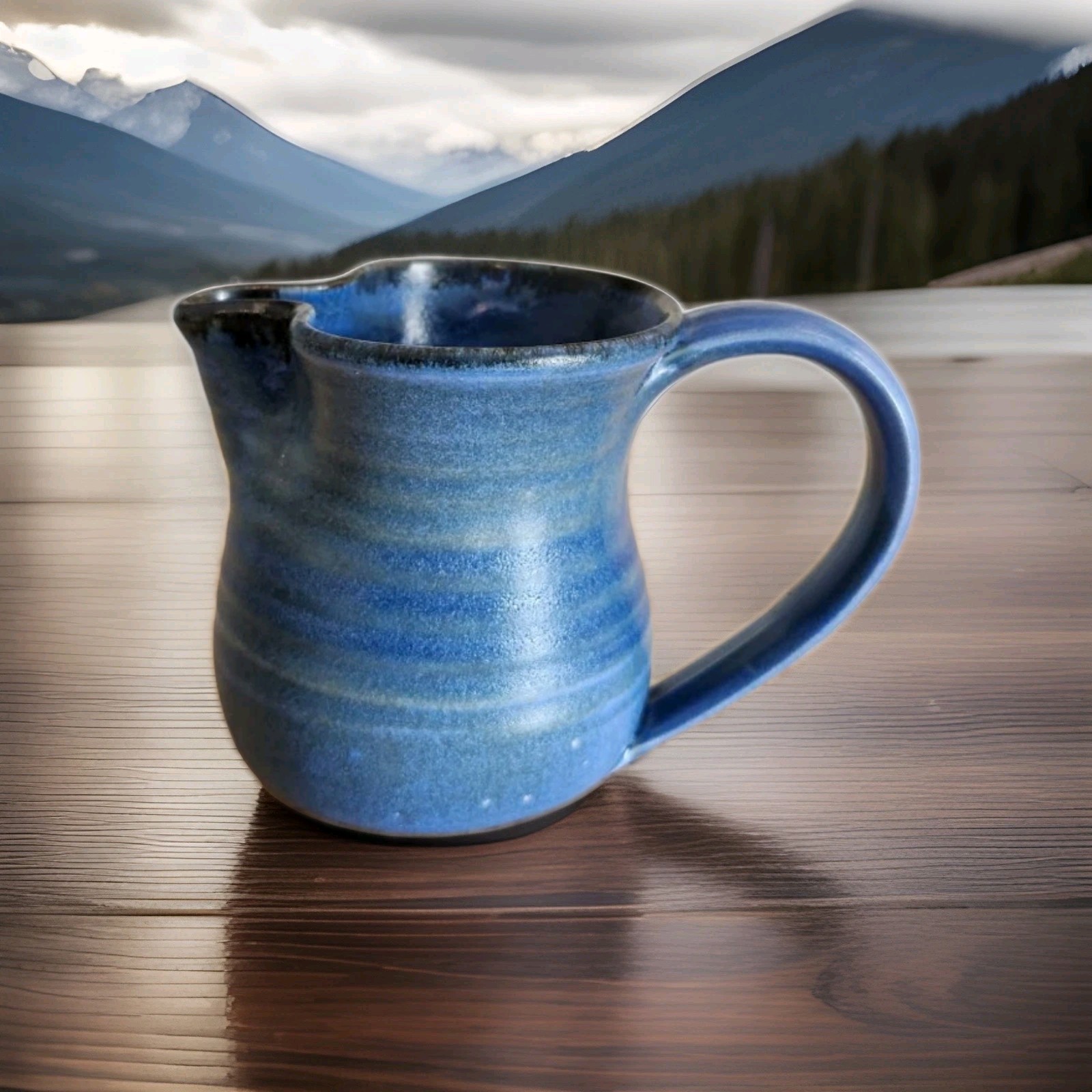 Signed Artisan Made Pottery Stoneware Small Pitcher/Creamer Blue Glaze Handmade