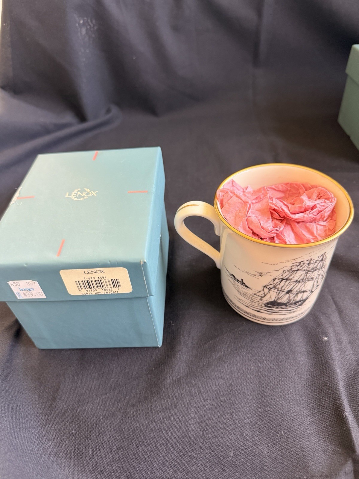 Lenox scrimshaw Mugs. 2 Frigate, 2 Clipper NEW in Original Box