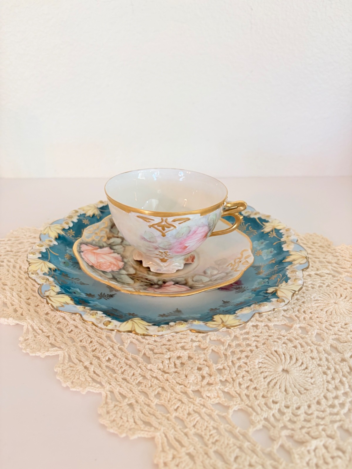 Bohemia Porcelain Hand Painted Rose Cabinet Plate Teal Blue Gold Gilt 9″